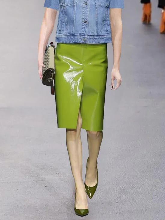 Regular Fit Urban Plain Faux Leather Midi Skirt