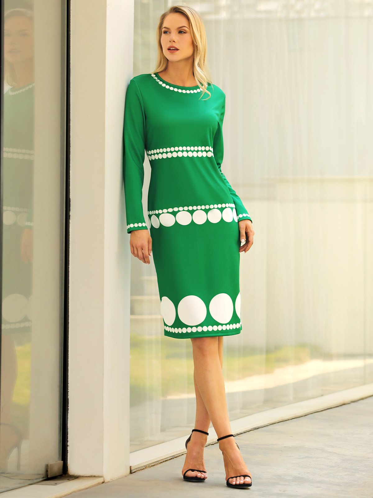Polka Dots Elegant Tight Long Sleeve Midi Dress