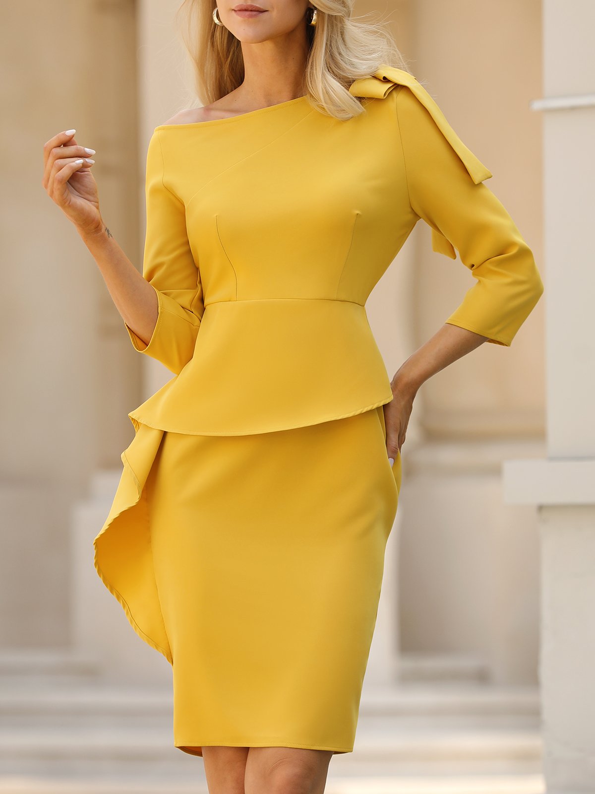 Elegant Plain Asymmetrical Regular Fit Midi Dress