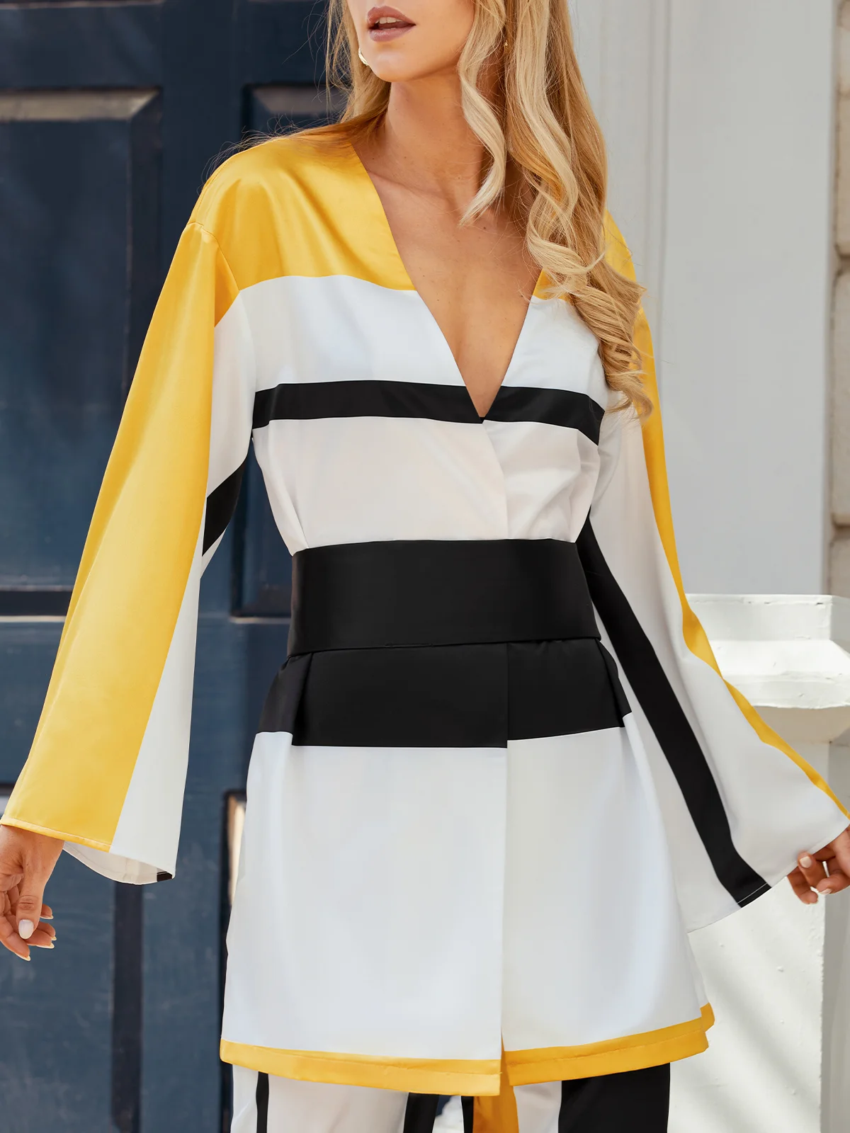 Color Block V Neck Elegant Regular Fit Blouse