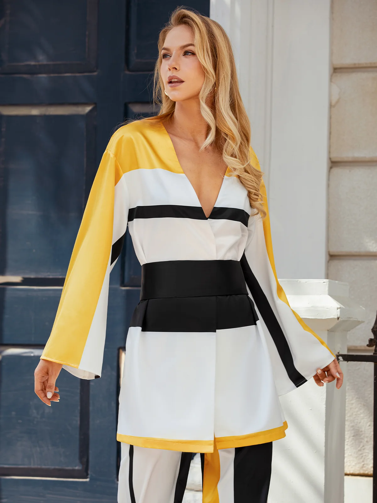 Color Block V Neck Elegant Regular Fit Blouse