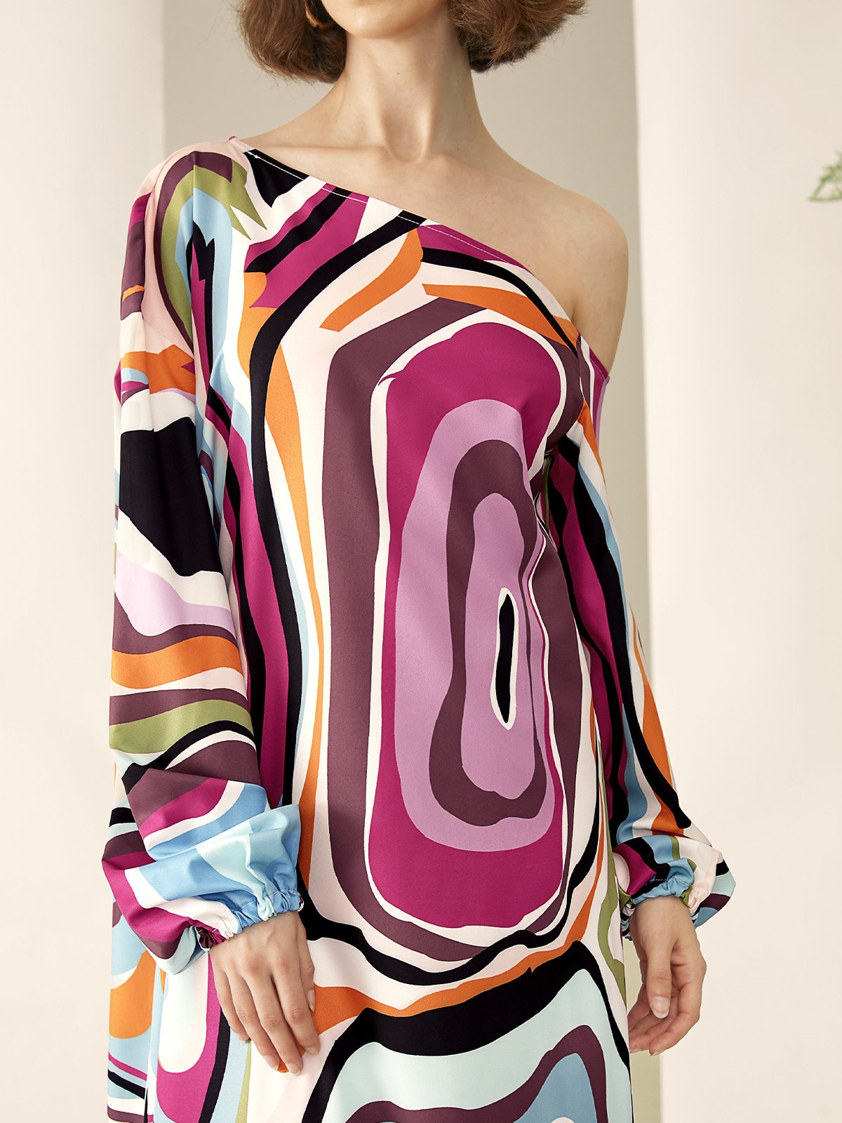 Abstract Stripes One Shoulder Casual Dress