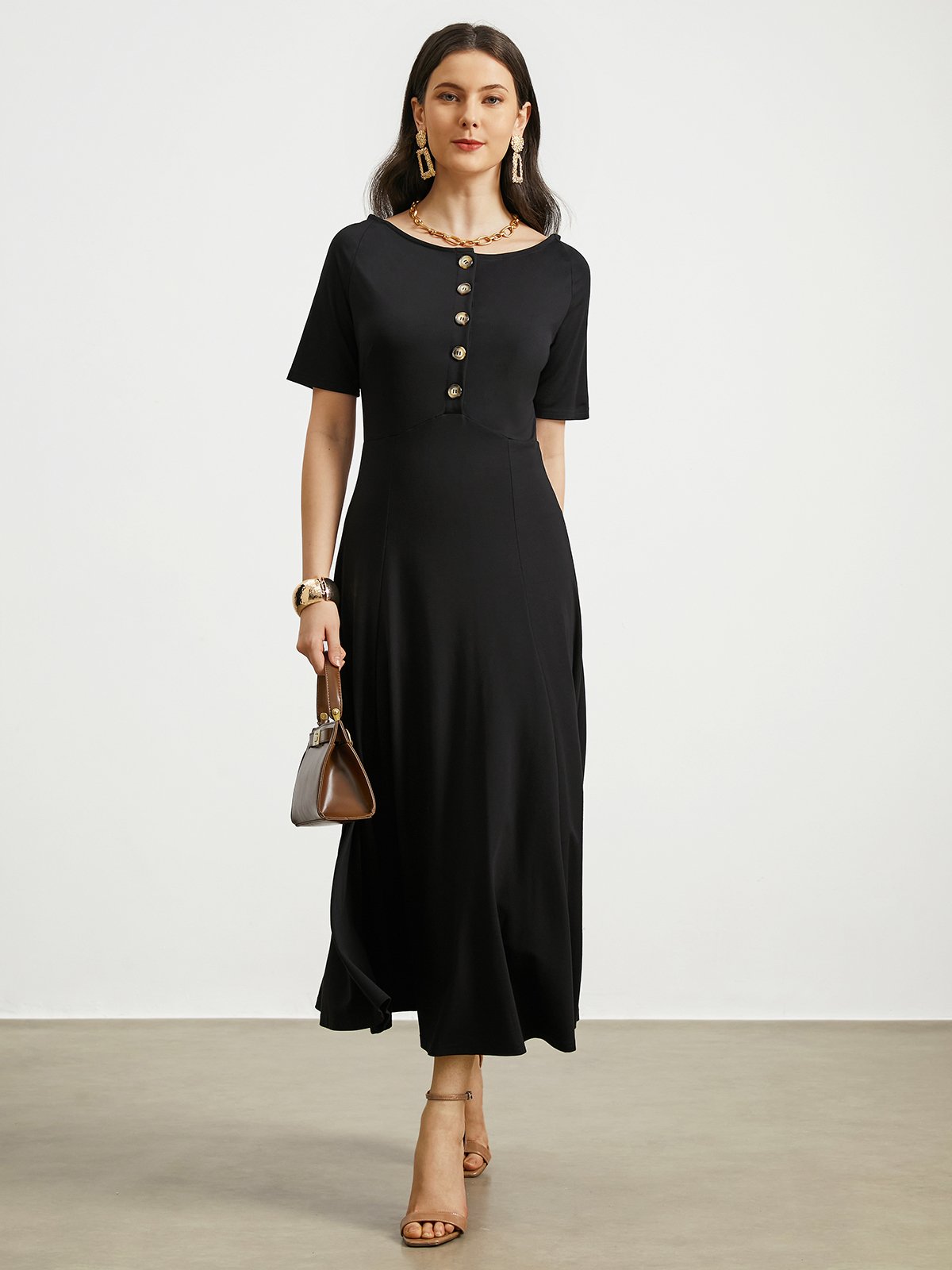 High Elasticity Crew Neck Short sleeve Elegant Midi Dress