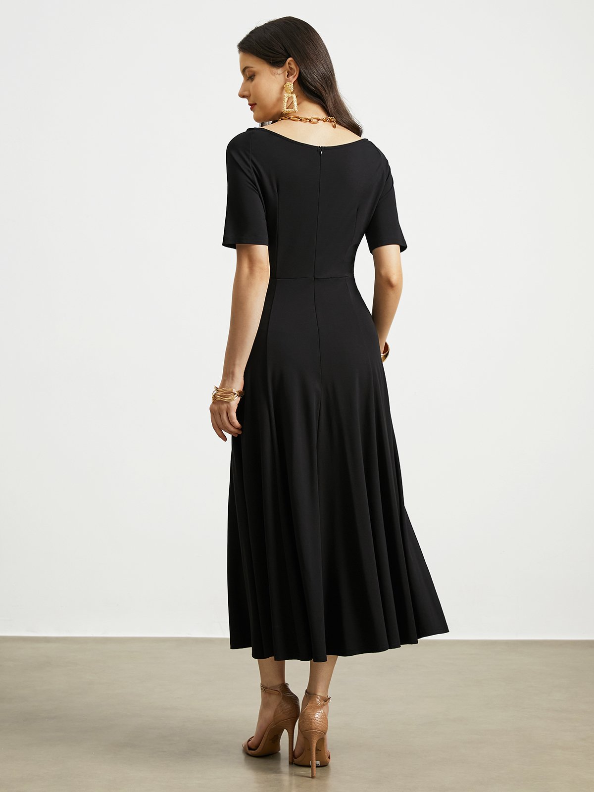 High Elasticity Crew Neck Short sleeve Elegant Midi Dress