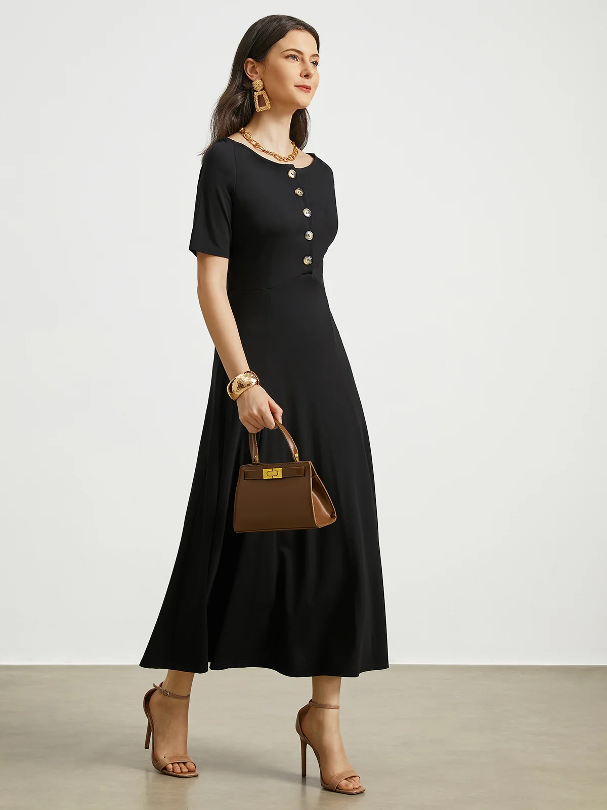 High Elasticity Crew Neck Short sleeve Elegant Midi Dress