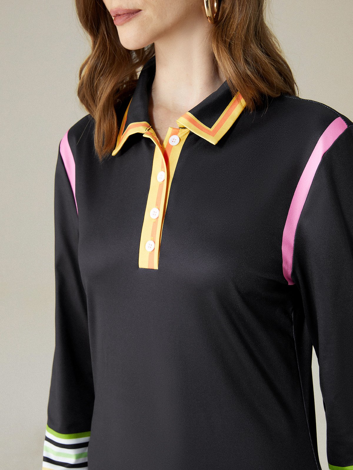 Regular Fit Color Block Shirt Collar Elegant Midi Dress With No Belt