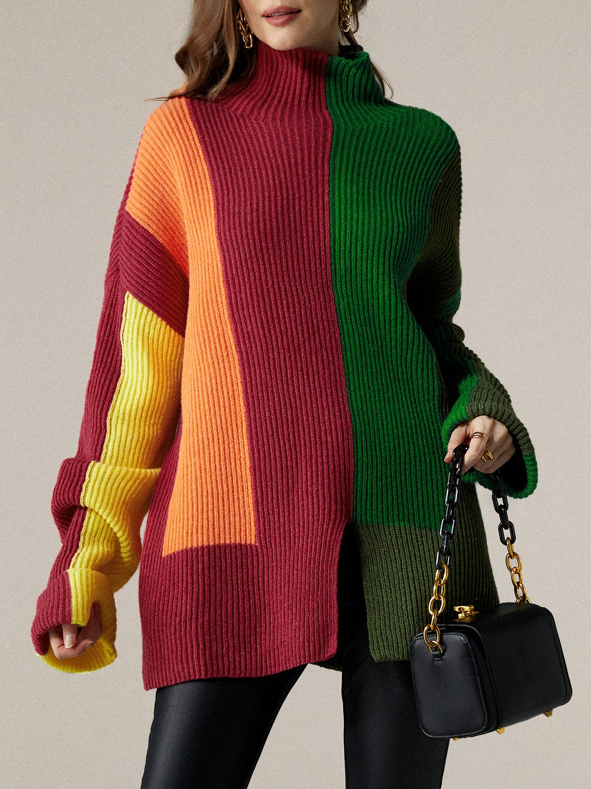 Color Block Turtleneck Urban Long Sleeve Sweater