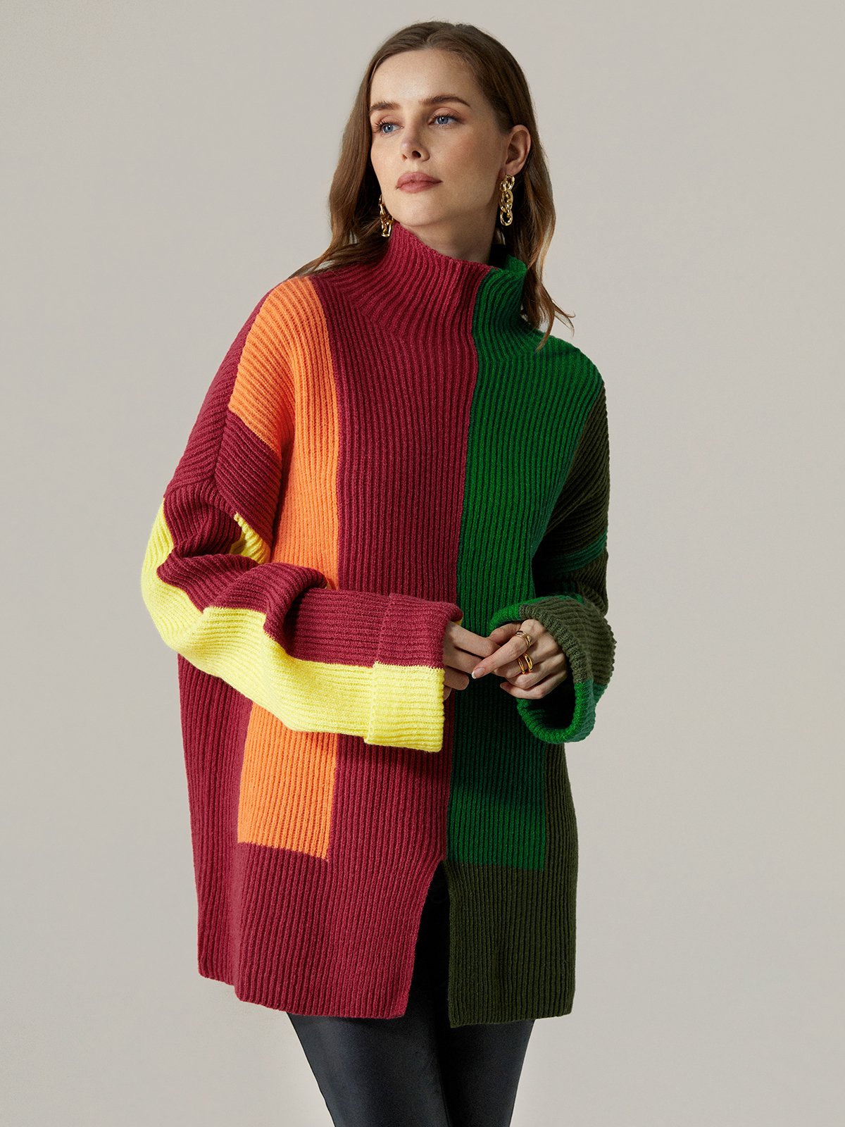Color Block Turtleneck Urban Long Sleeve Sweater | stylewe