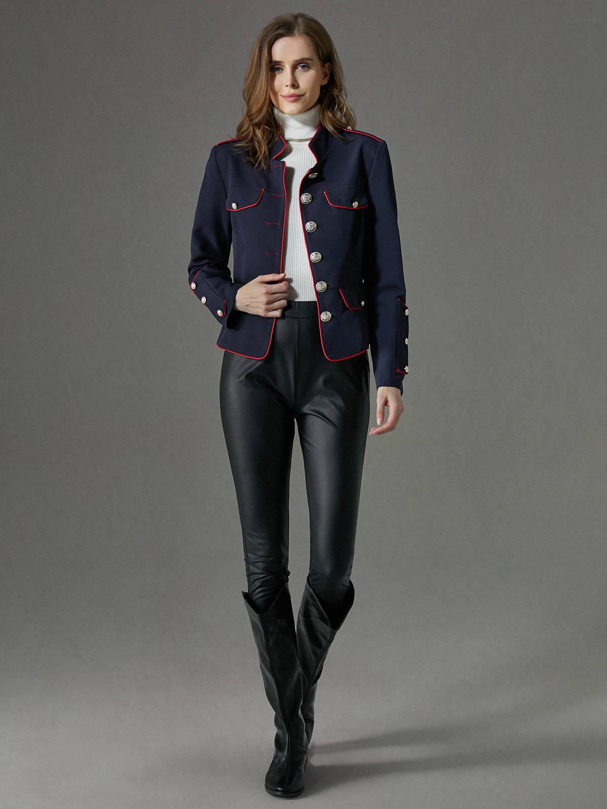 Stand Collar Color Block Long Sleeve Regular Fit Elegant Jacket  Brooch not included