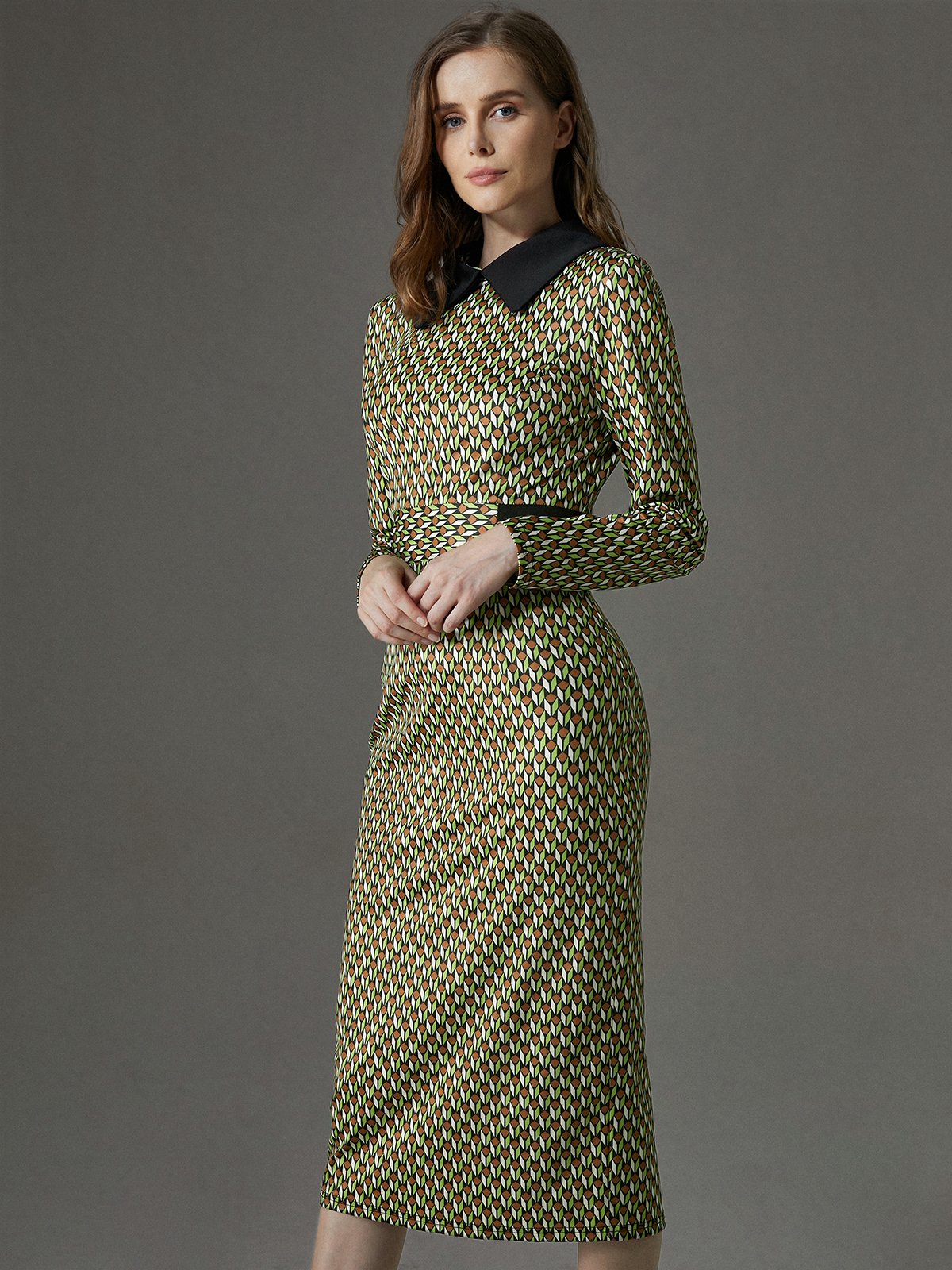 Elegant  Geometric Print  Regular Fit Long Sleeve Dress