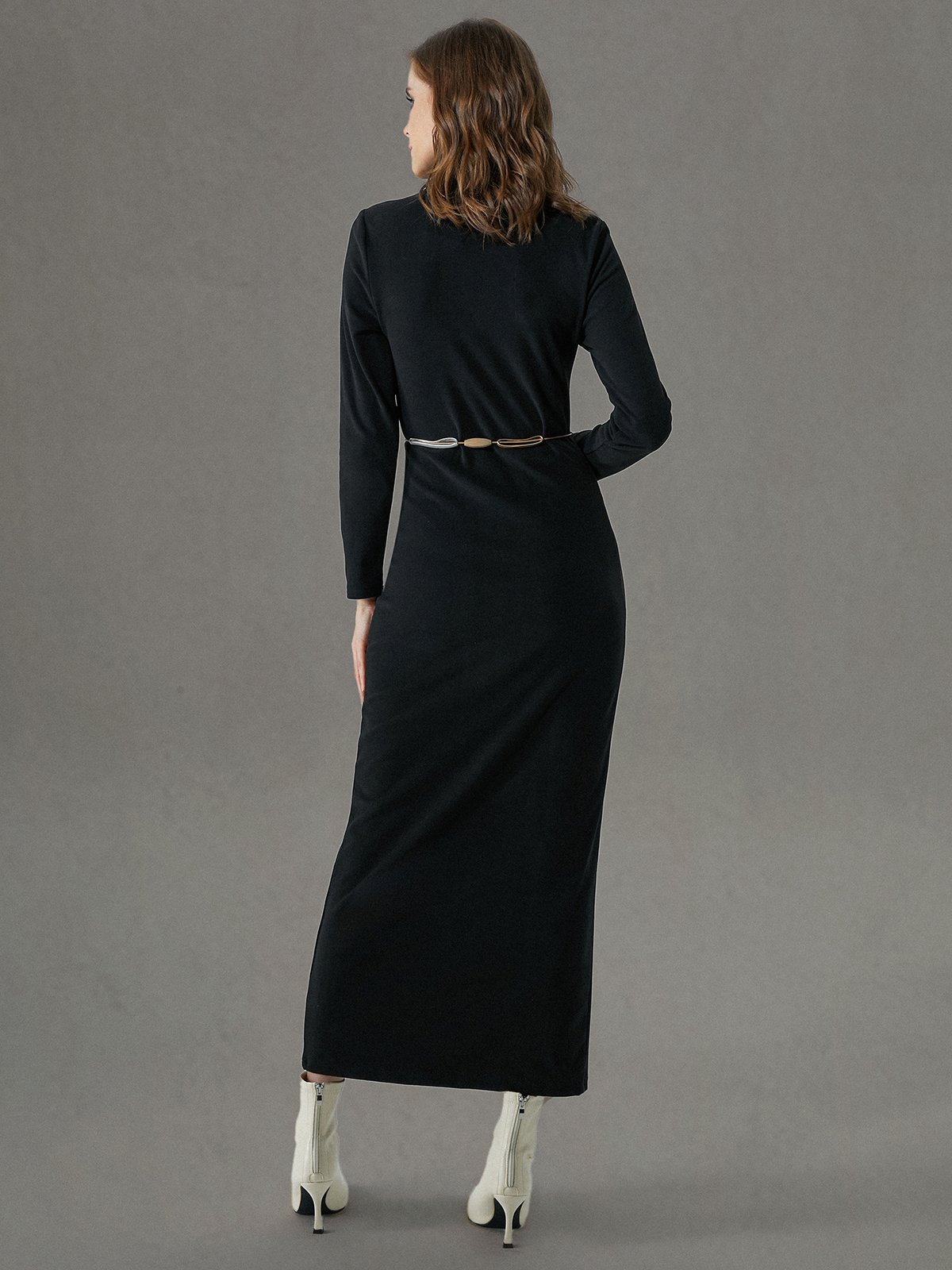 Urban Turtleneck Plain Long Sleeve Maxi Dress With No Belt