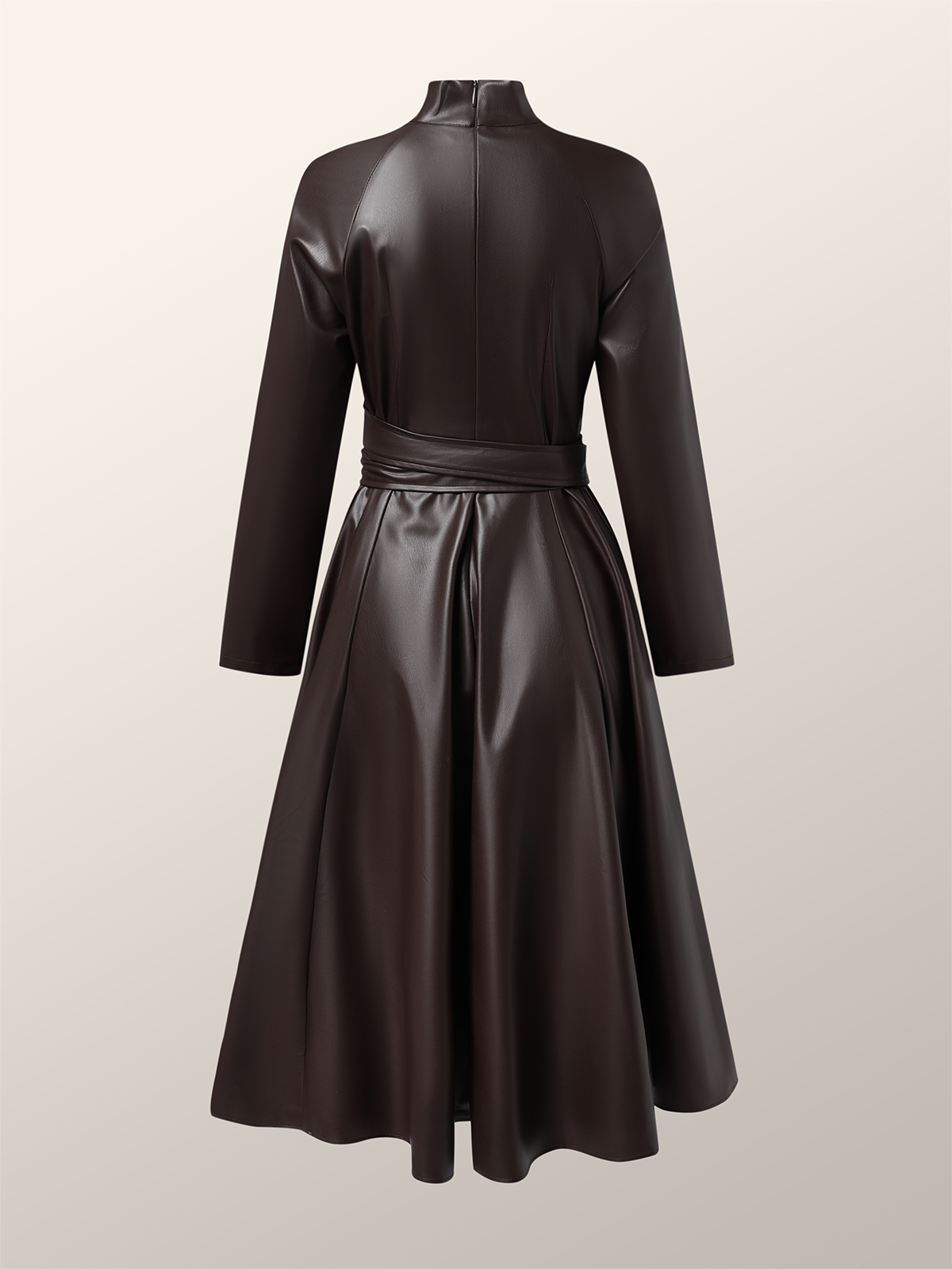 Micro-Elasticity Pu Elegant Stand Collar Long Sleeve Faux Leather Maxi Dress With Belt