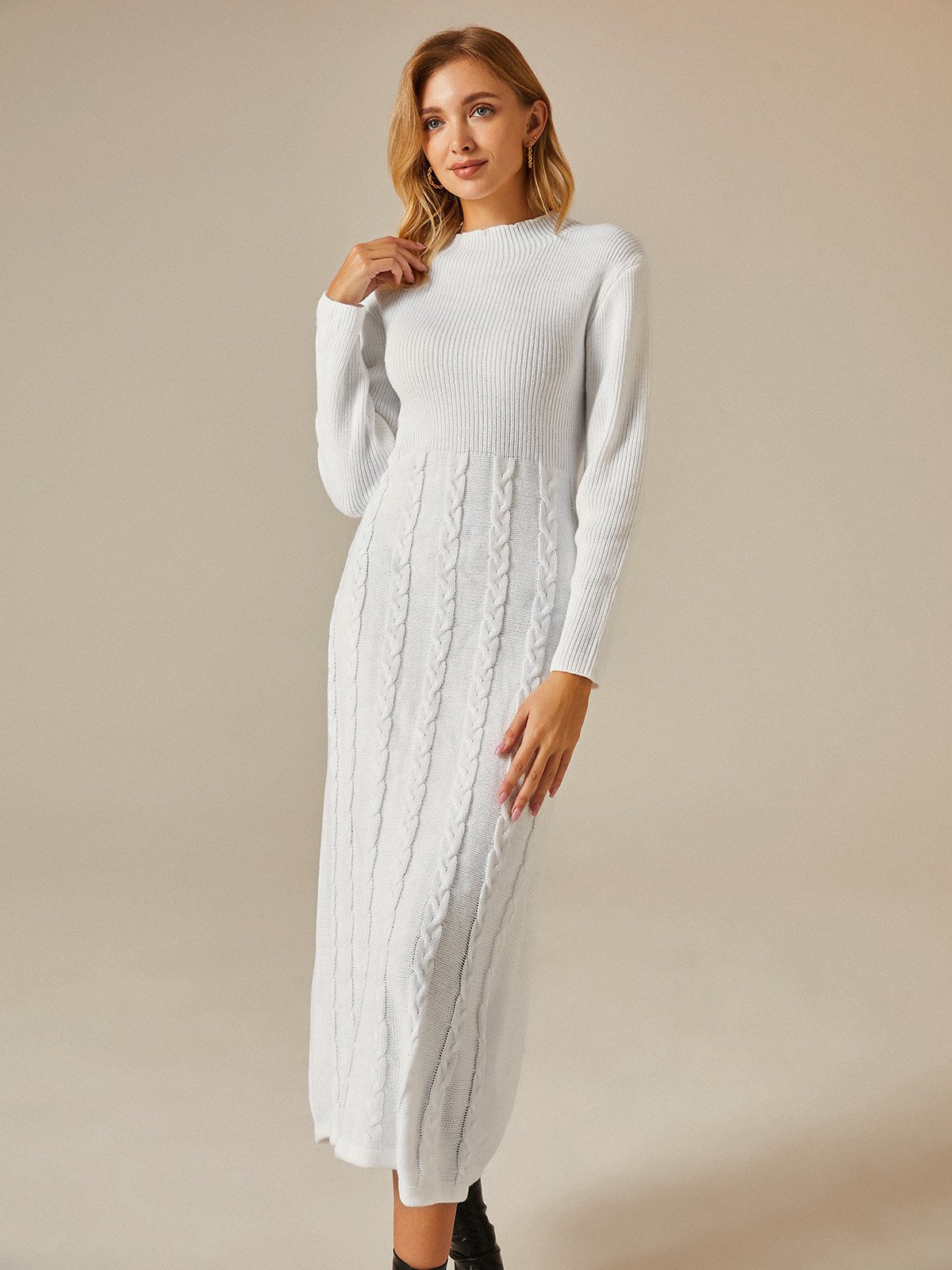 Regular Fit Elegant Plain Stand Collar Long Sleeve Sweater Maxi Dress
