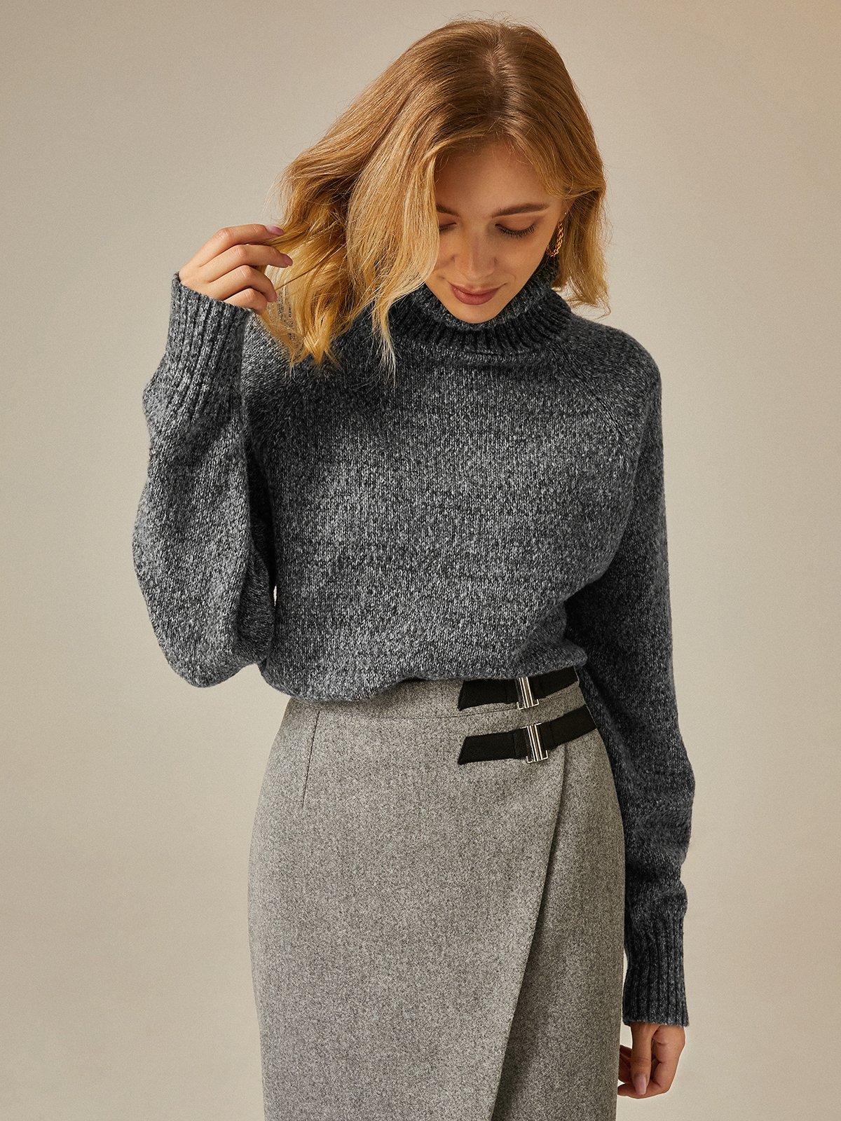 Long Sleeve Plain Urban Turtleneck Loose Sweater