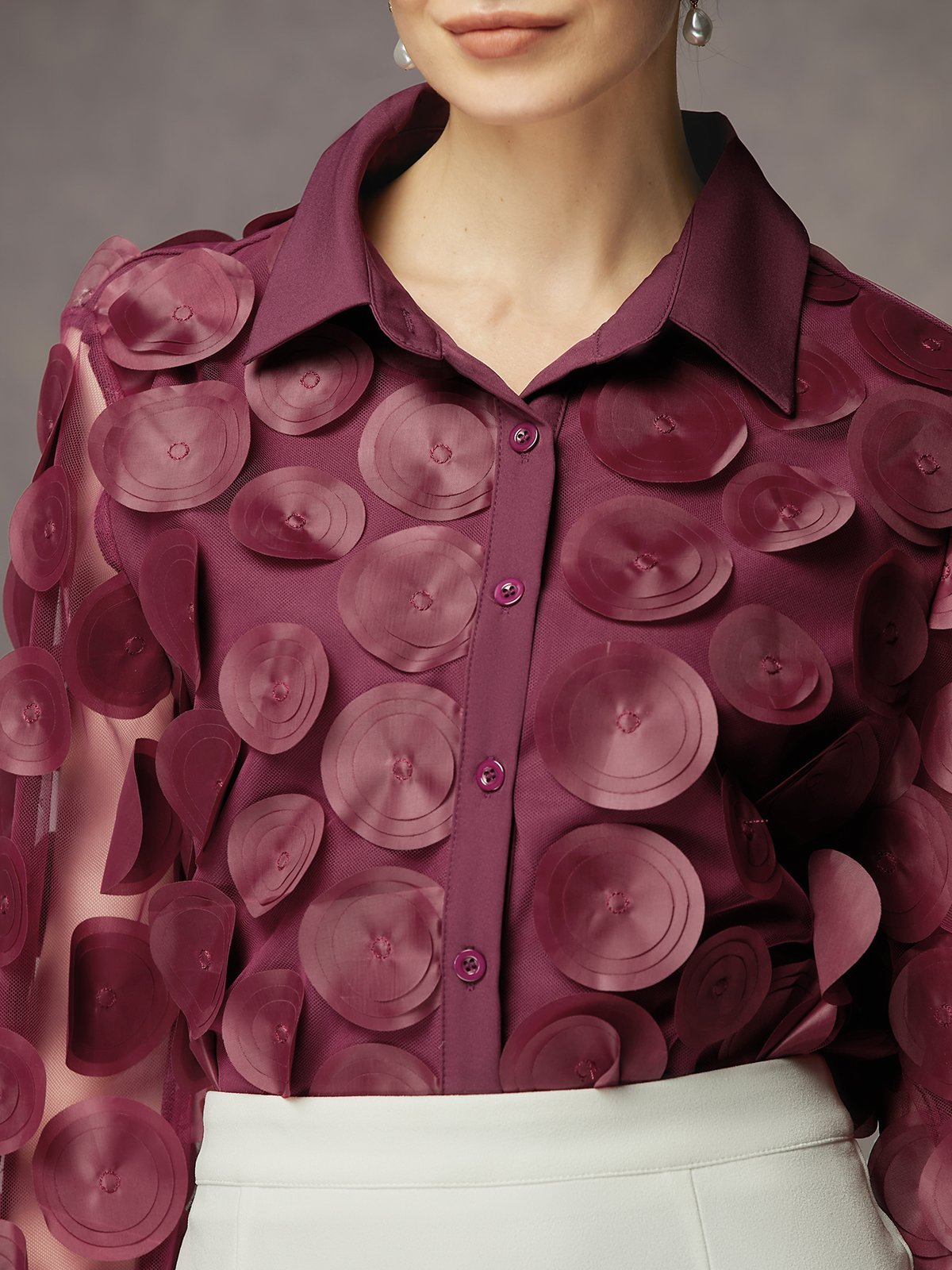 Shirt Collar Urban Plain 3D Floral  Regular Fit Blouse