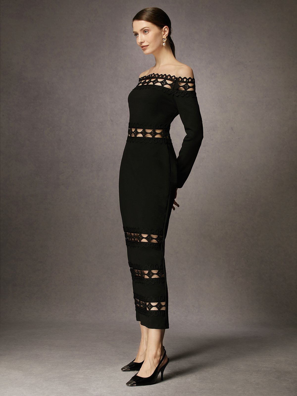 Elegant Plain Regular Fit Long Sleeve Lace Edge Dress