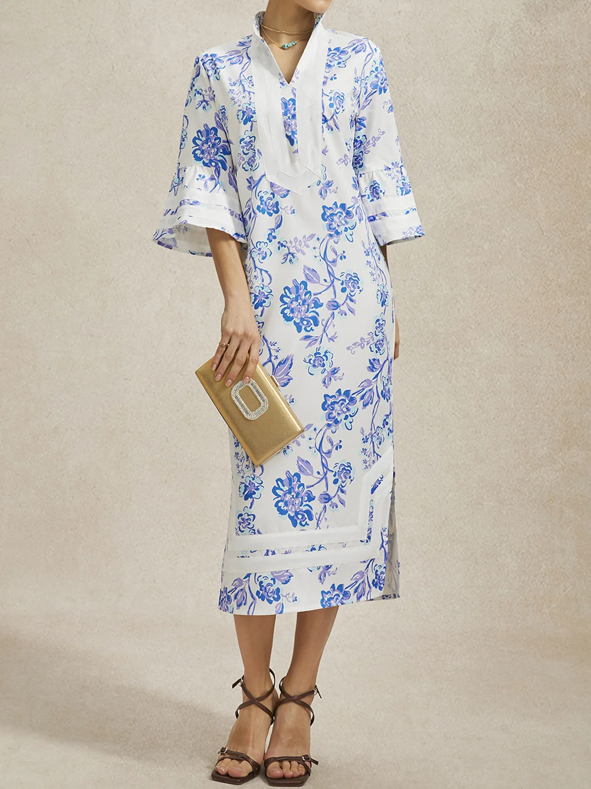 Regular Fit Vacation Floral Stand Collar Midi Dress