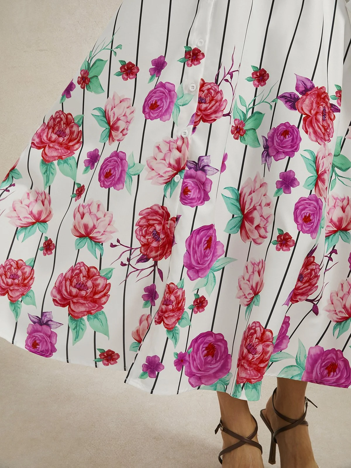 Elegant Shirt Collar Floral Pockets  Long Sleeve Dress