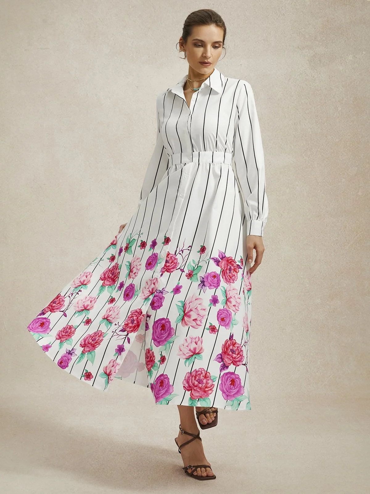 Elegant Shirt Collar Floral Pockets  Long Sleeve Dress