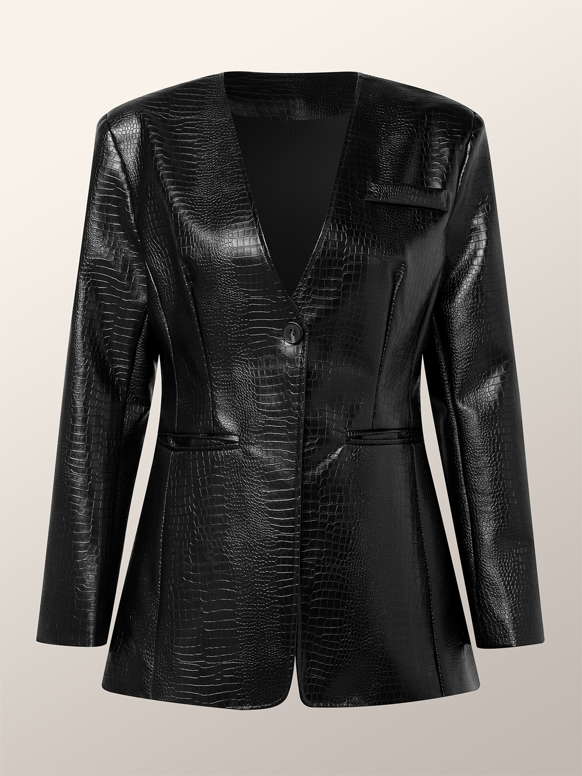  Urban V Neck Faux Leather Coat With Pockets