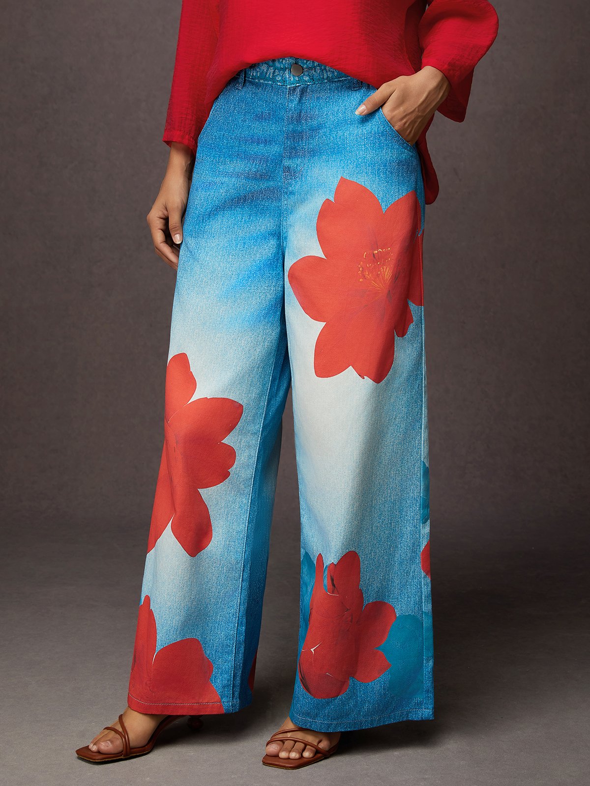 Casual Denim Print Graphic Printing Floral Wide Leg Pants