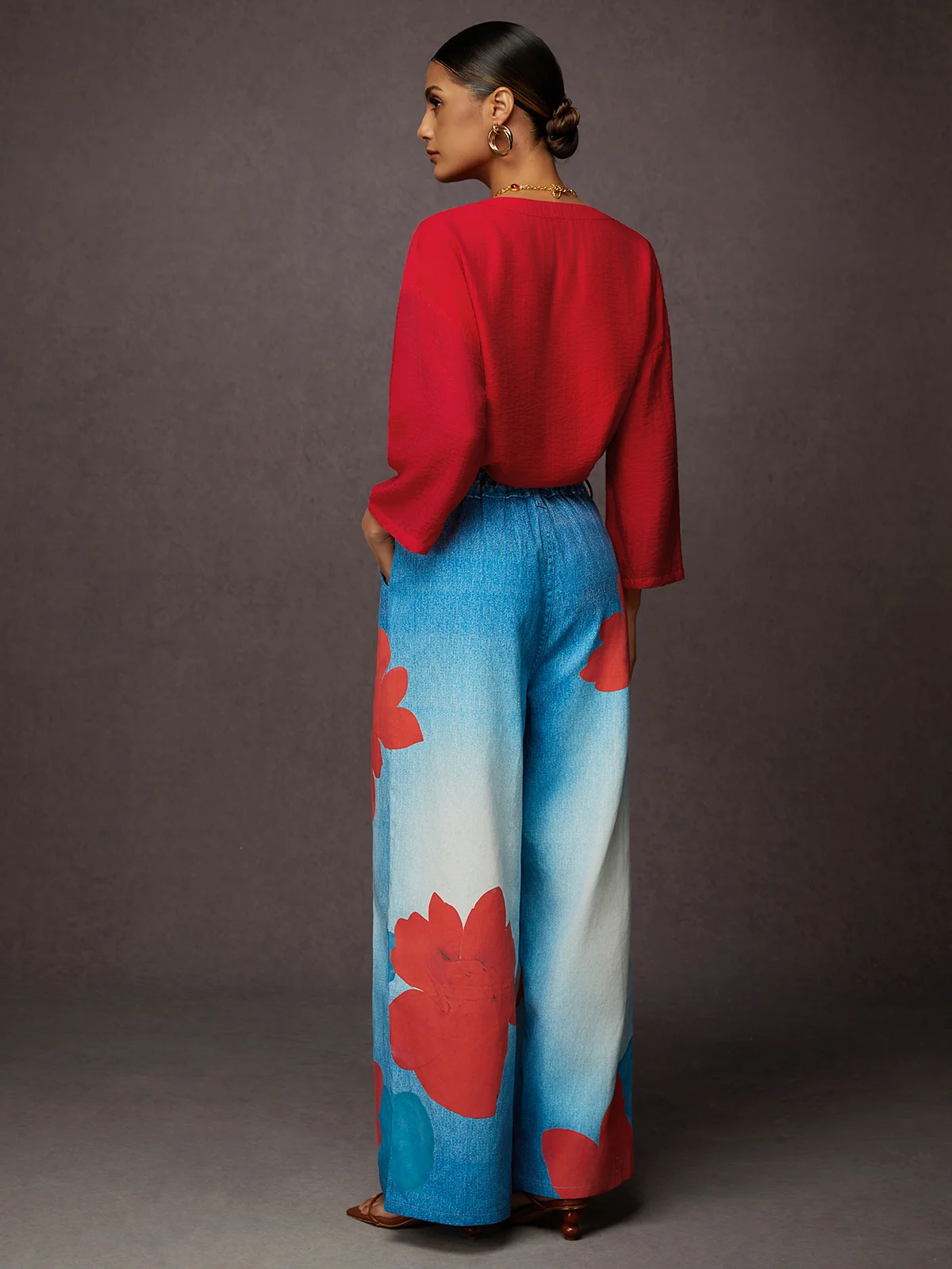 Casual Denim Print Graphic Printing Floral Wide Leg Pants