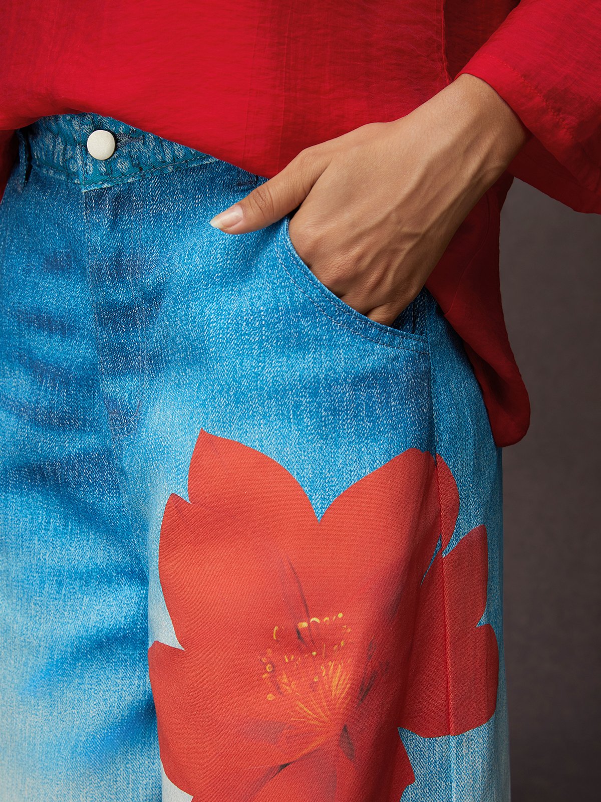 Casual Denim Print Graphic Printing Floral Wide Leg Pants