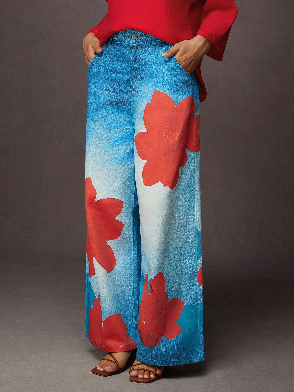Casual Denim Print Graphic Printing Floral Wide Leg Pants