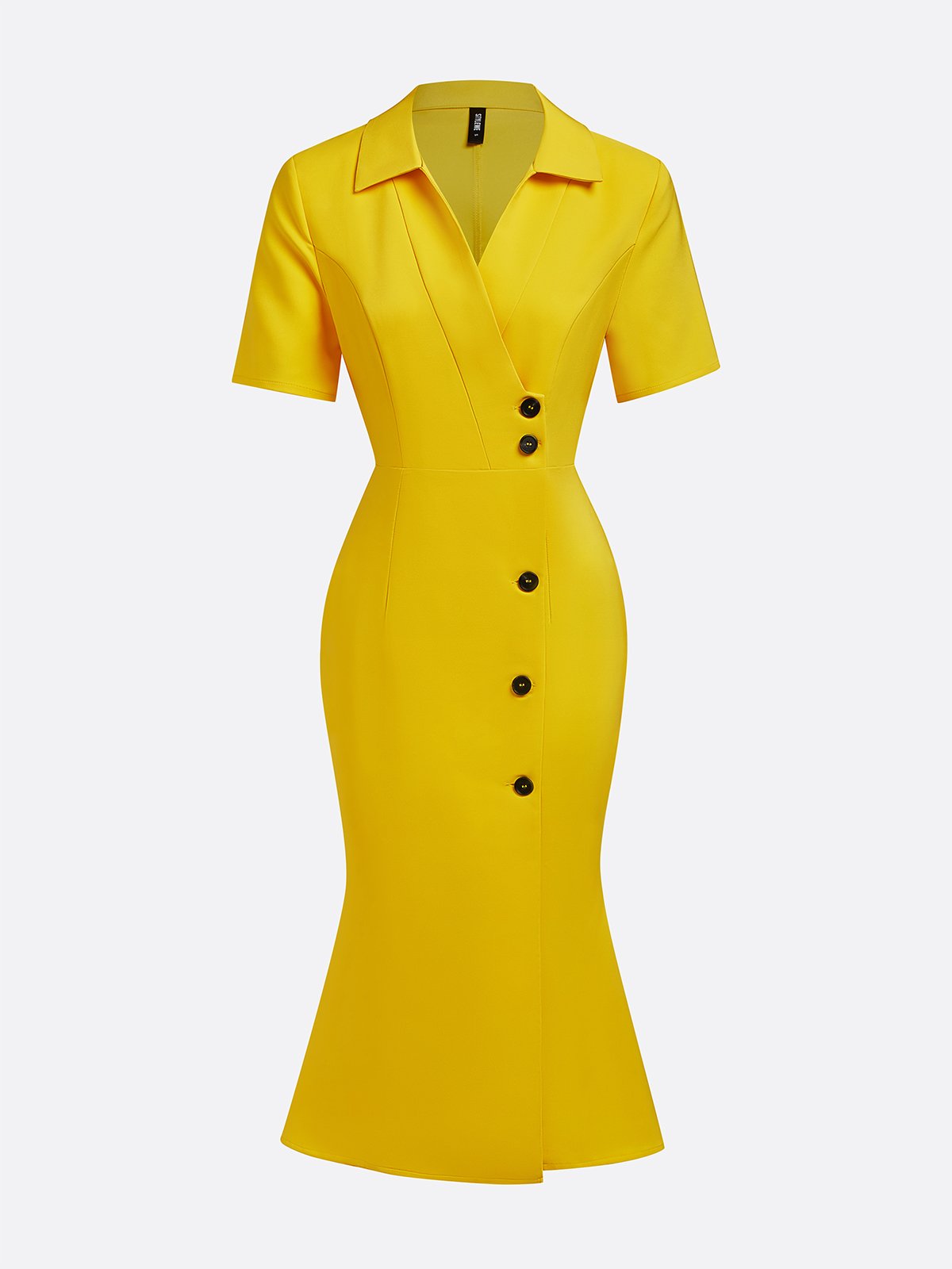 Elegant Plain Short Sleeve Buttoned Shawl Collar Midi Dress