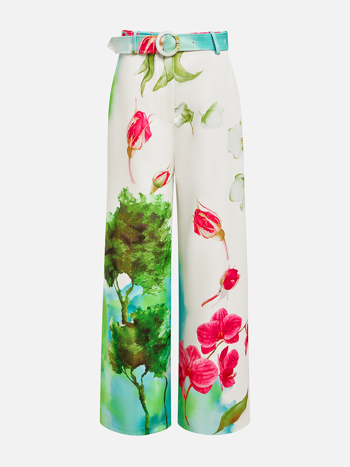 Vacation Floral Wide Leg Pants With Belt