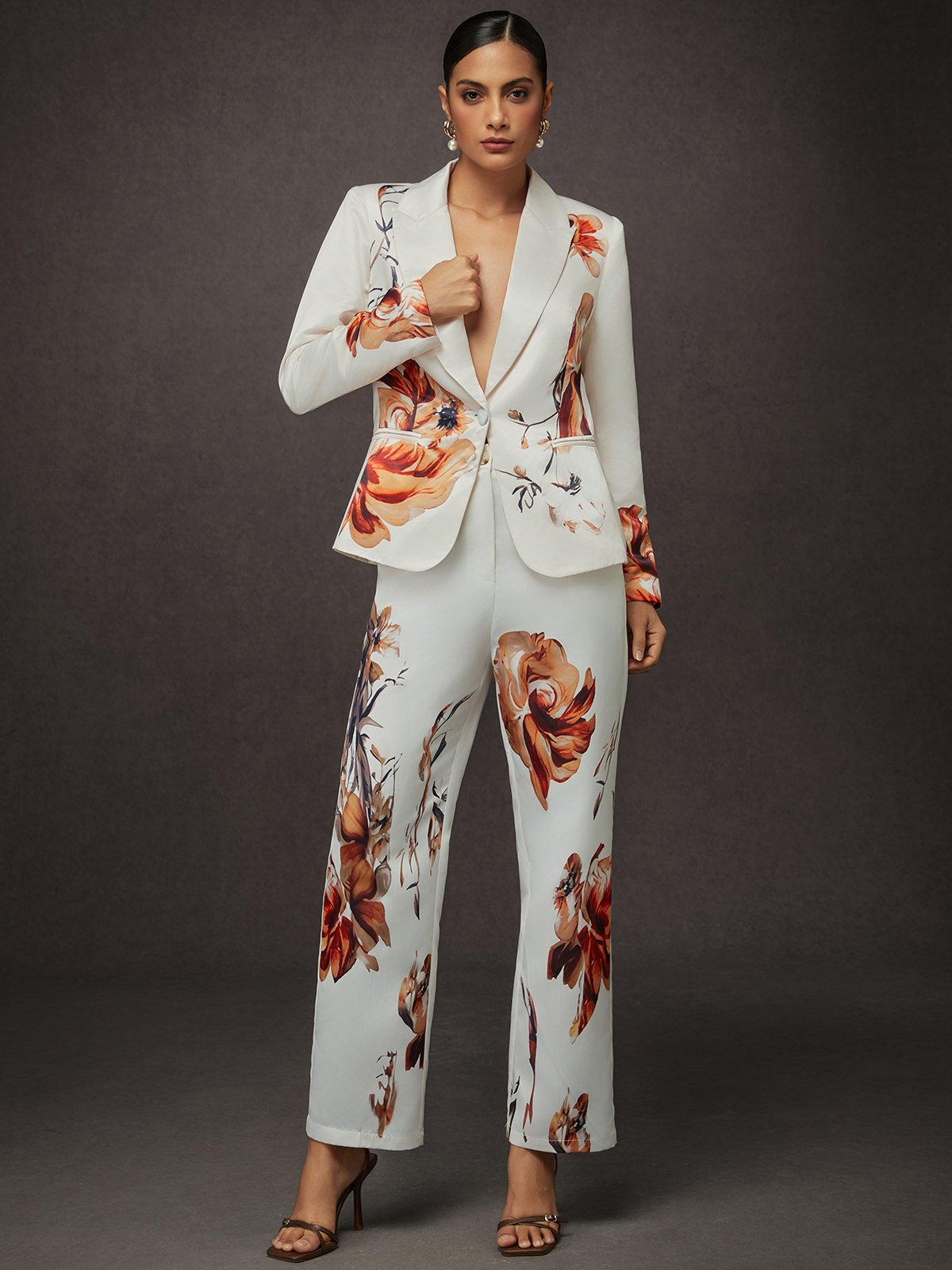 Elegant Luxury Satin Floral Straight-Leg Pants 