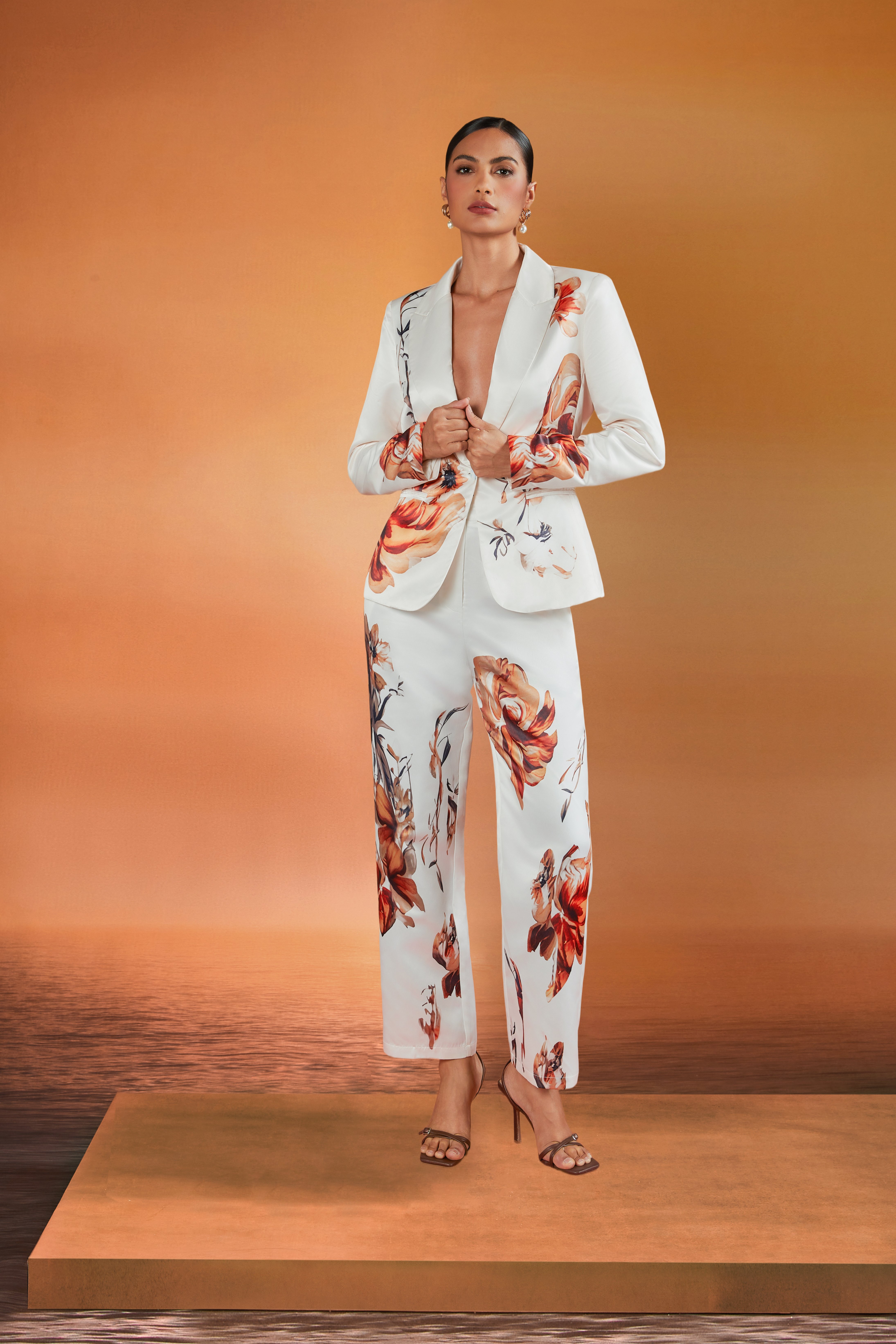 Elegant Luxury Satin Floral Straight-Leg Pants 