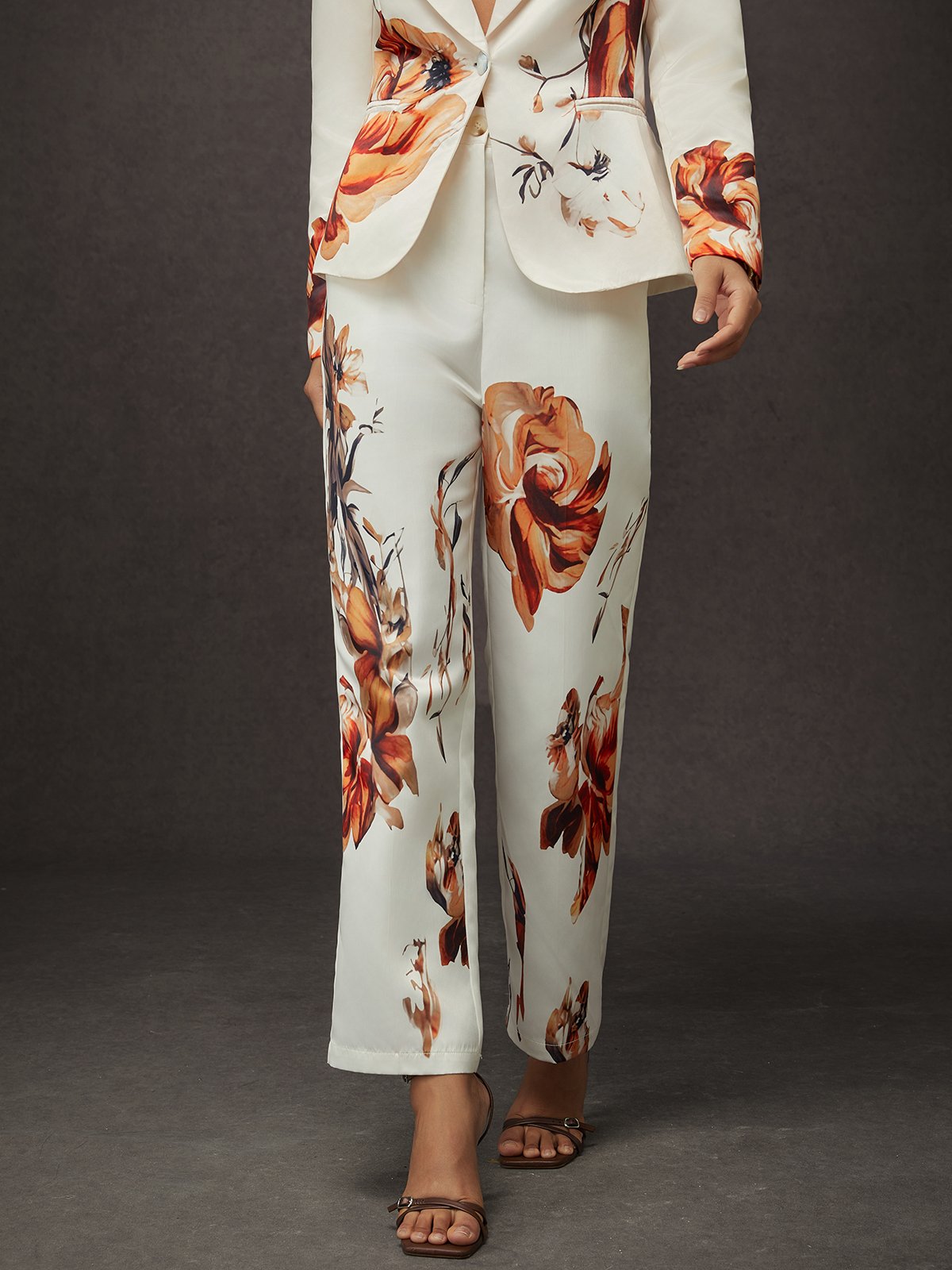 Elegant Luxury Satin Floral Straight-Leg Pants 