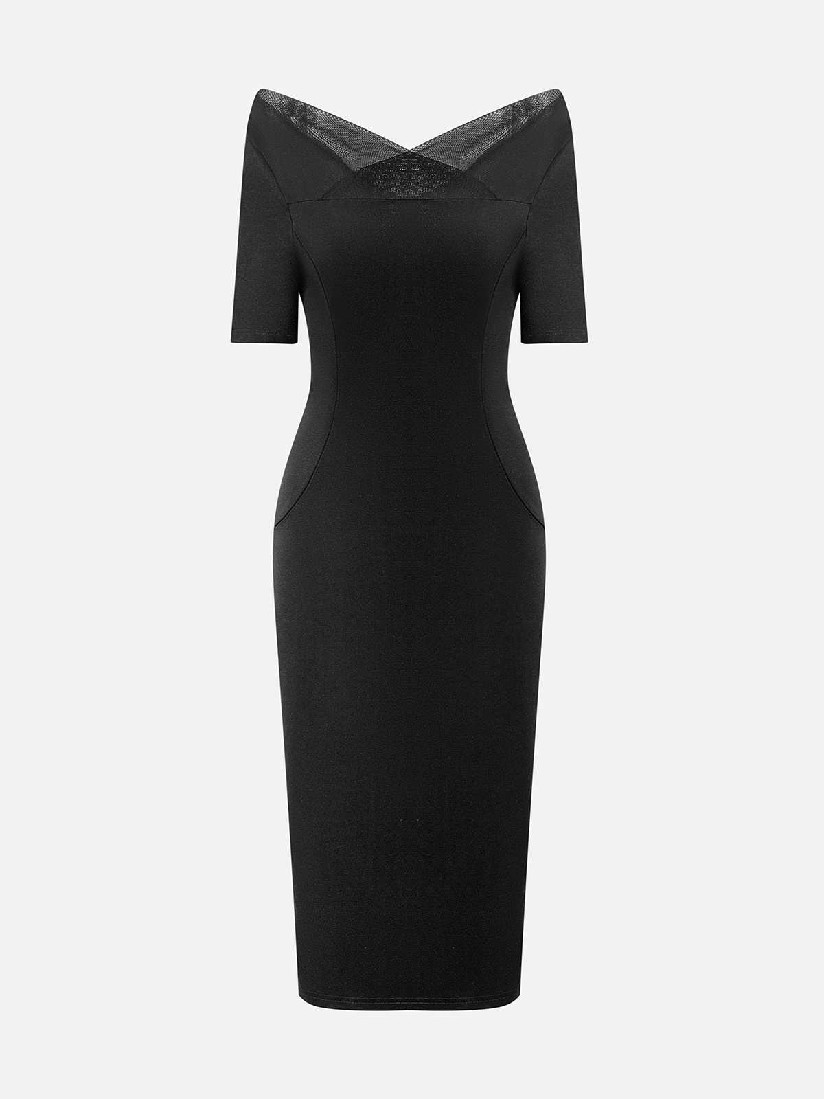 Elegant Plain Mesh Split Joint Cold Shoulder Knee Length Dress