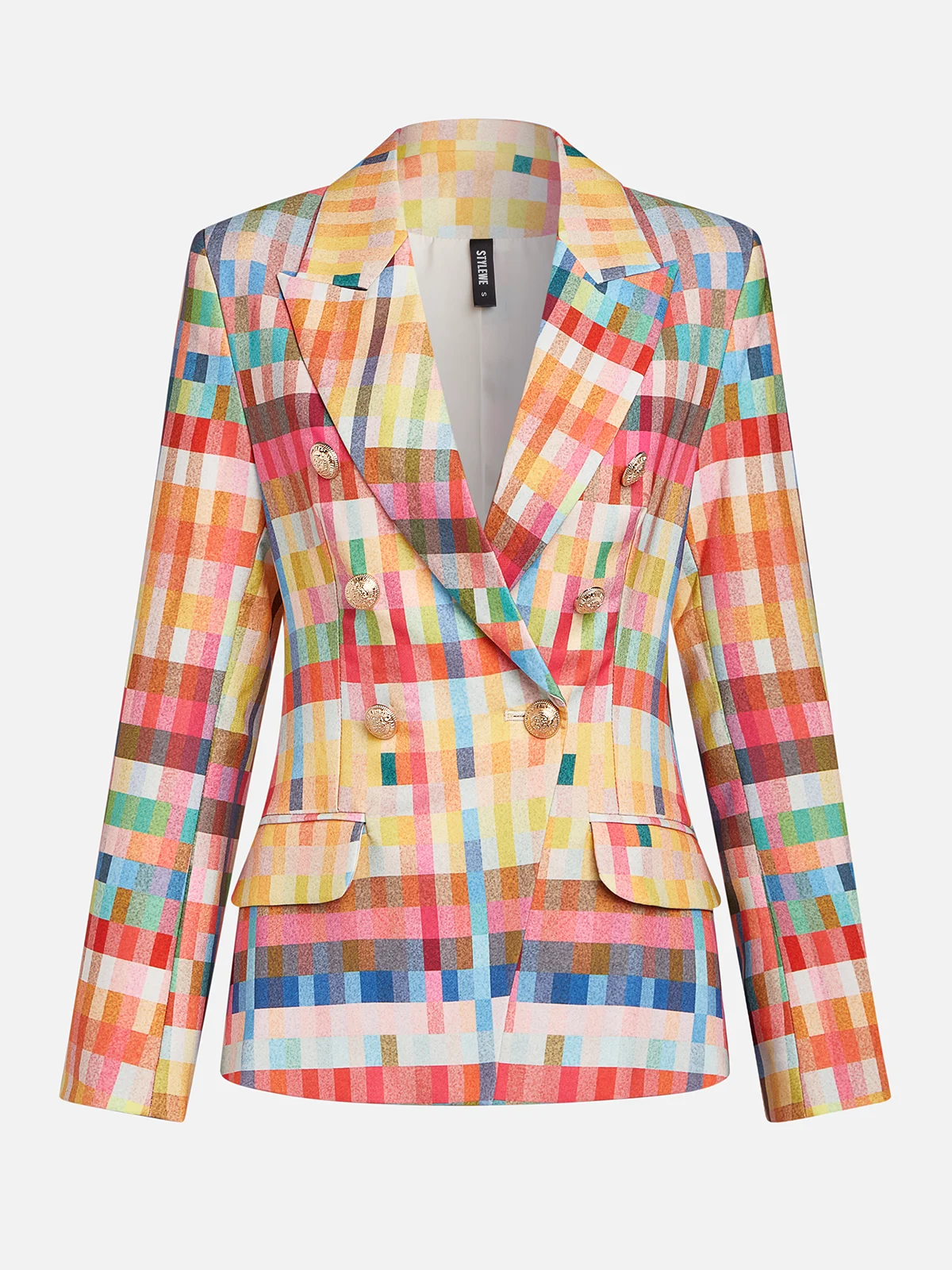  Urban Pastel Plaid Buttoned  Lapel Collar Blazer