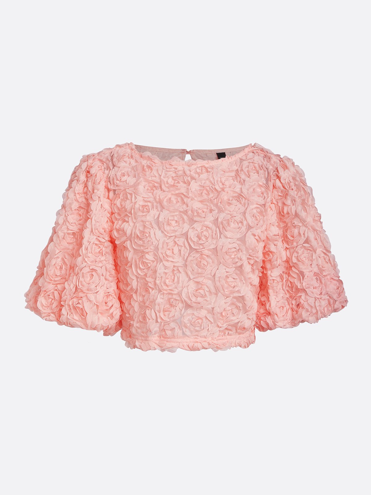 Urban Plain 3D Floral Crew Neck Puff Sleeve Blouse