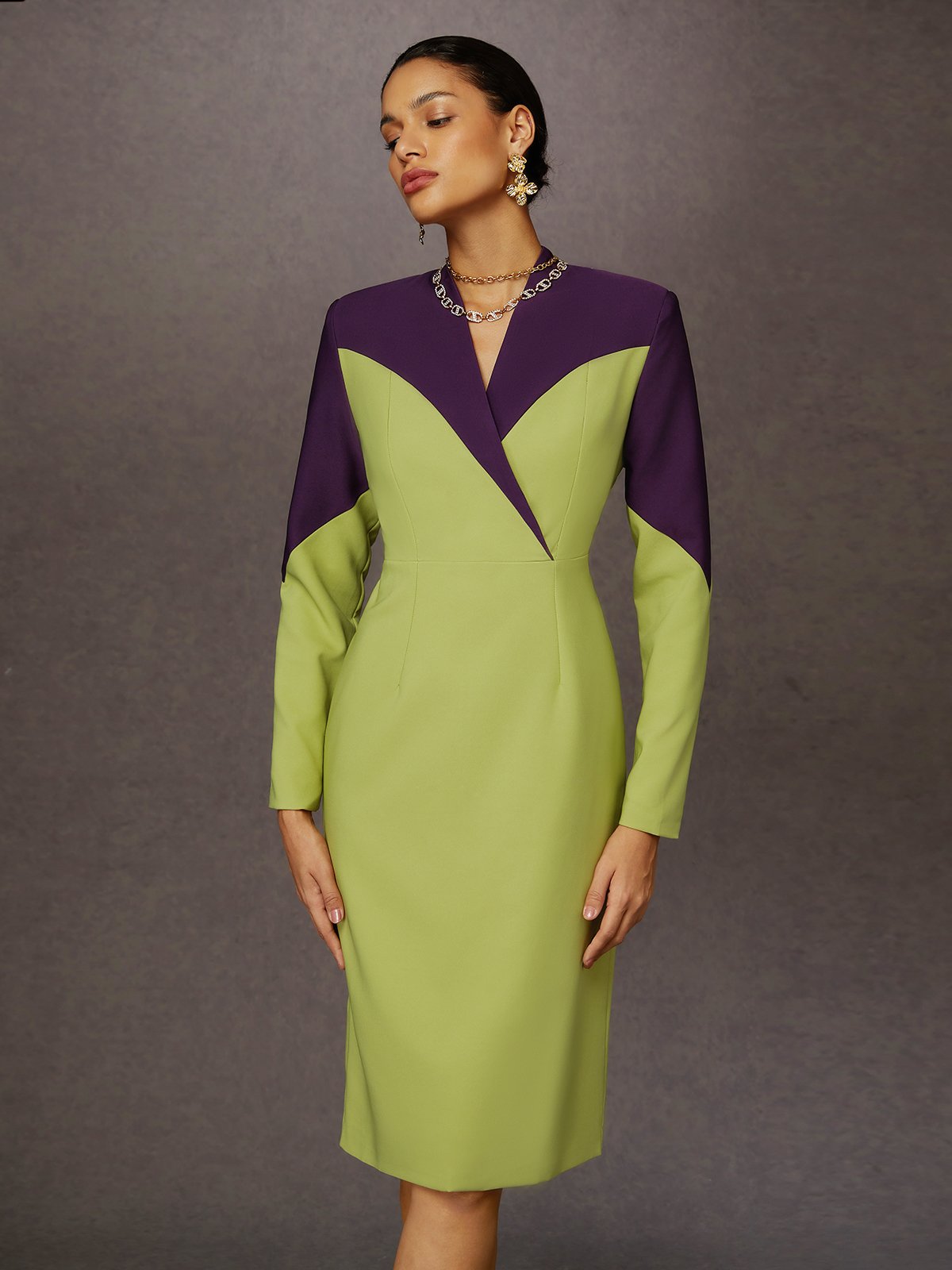 Elegant Split Joint V Neck Midi Dress