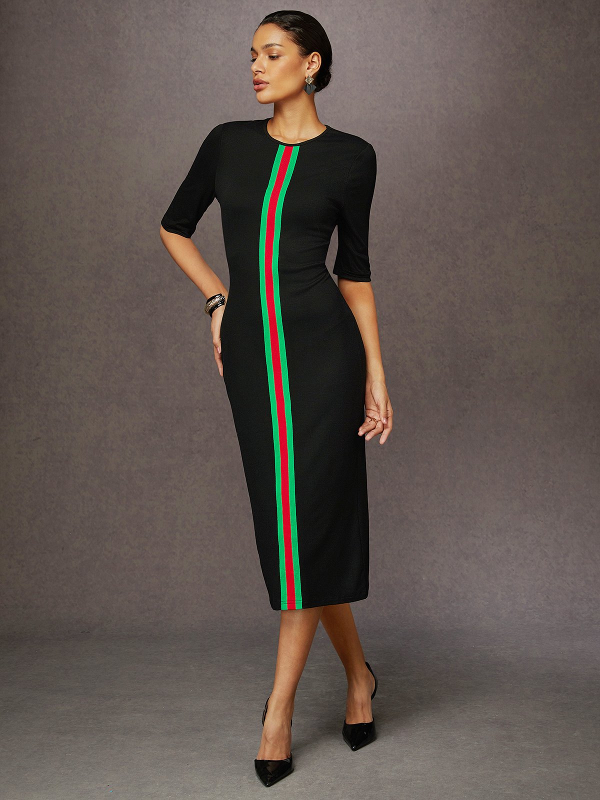 Casual Color Block Classic Tight Crew Neck Bodycon Dress