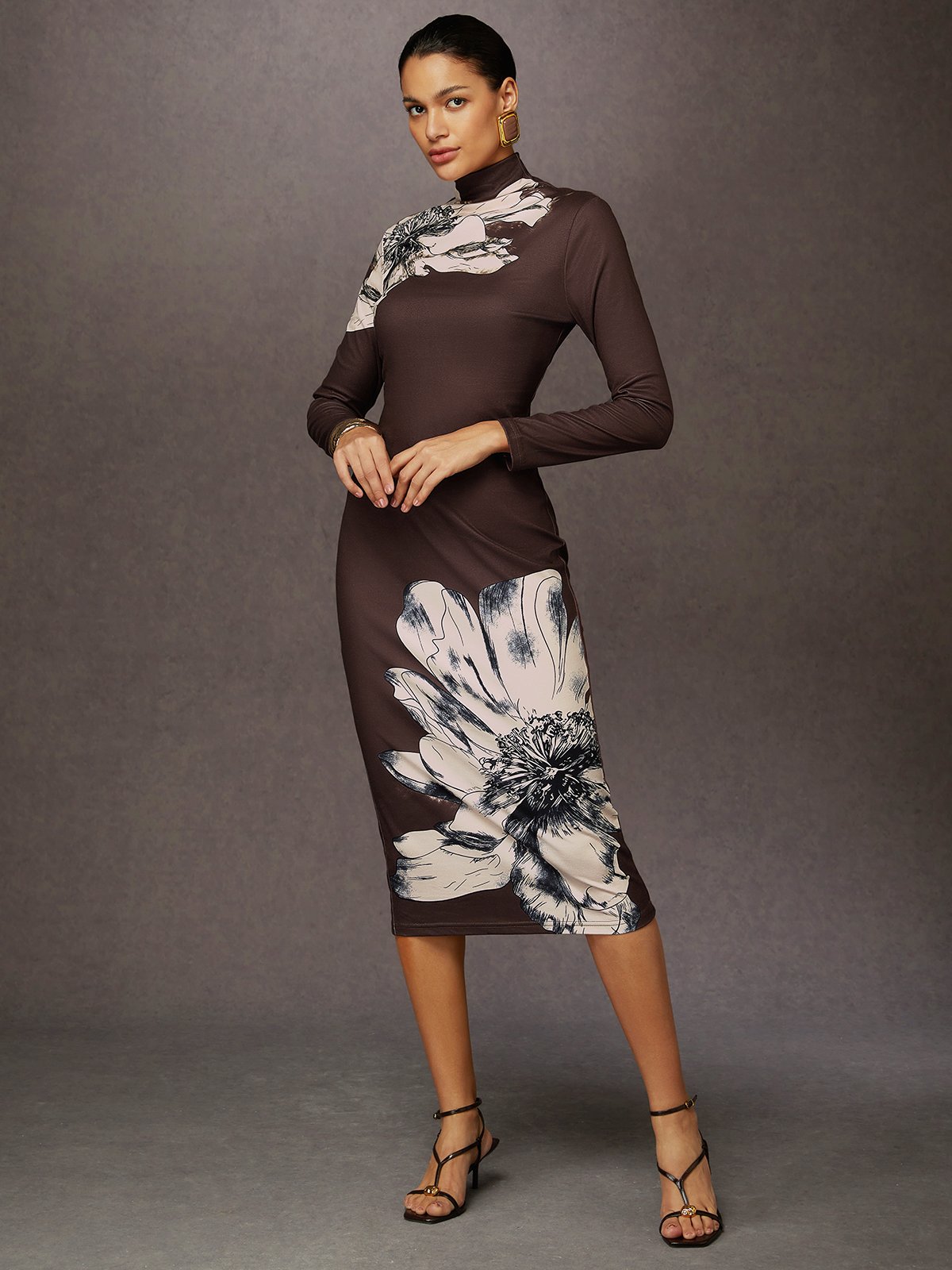 Stand Collar Elegant Floral Long Sleeve Dress