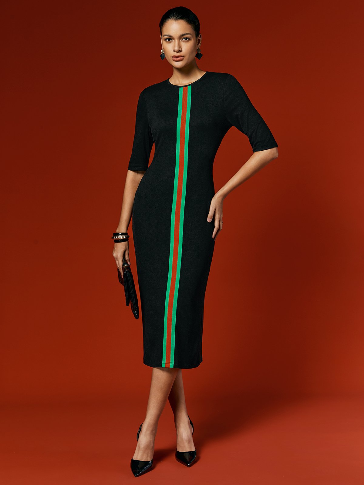 Casual Color Block Classic Tight Crew Neck Bodycon Dress