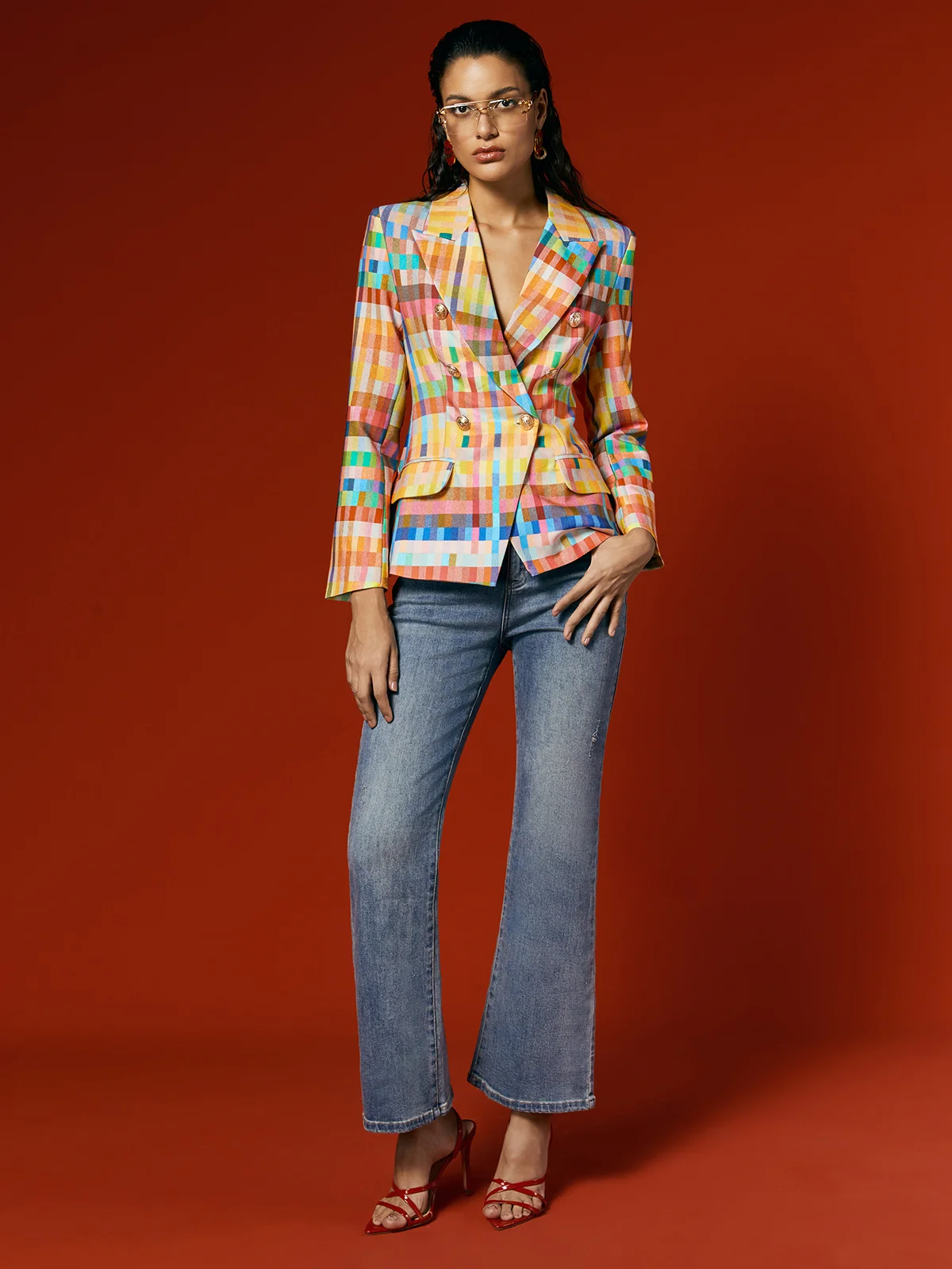  Urban Pastel Plaid Buttoned  Lapel Collar Blazer