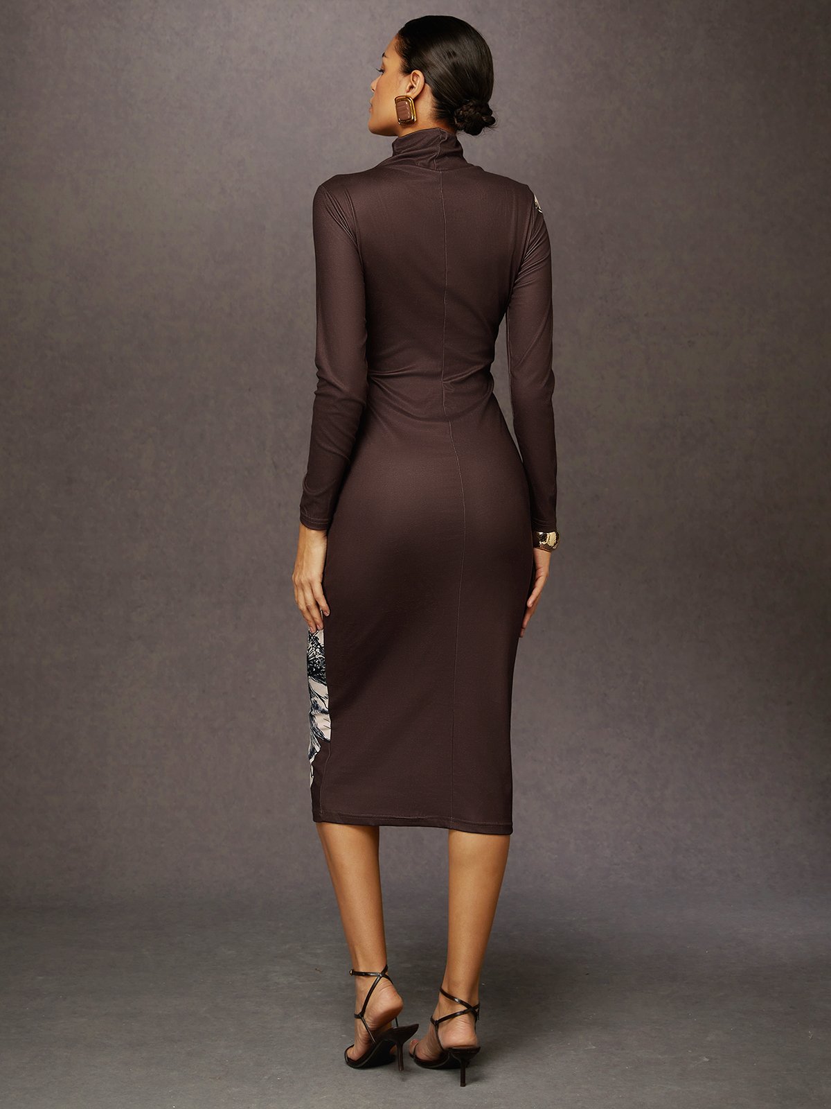 Stand Collar Elegant Floral Long Sleeve Dress