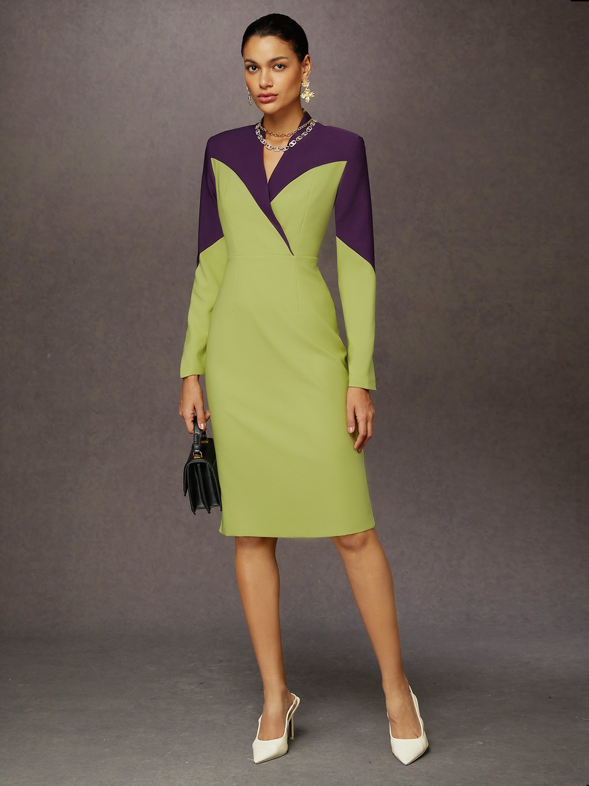 Elegant Split Joint V Neck Midi Dress