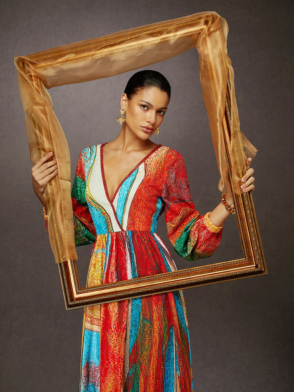 Vacation Ethnic Patterns Balloon Sleeve Printing V Neck Maxi Dress