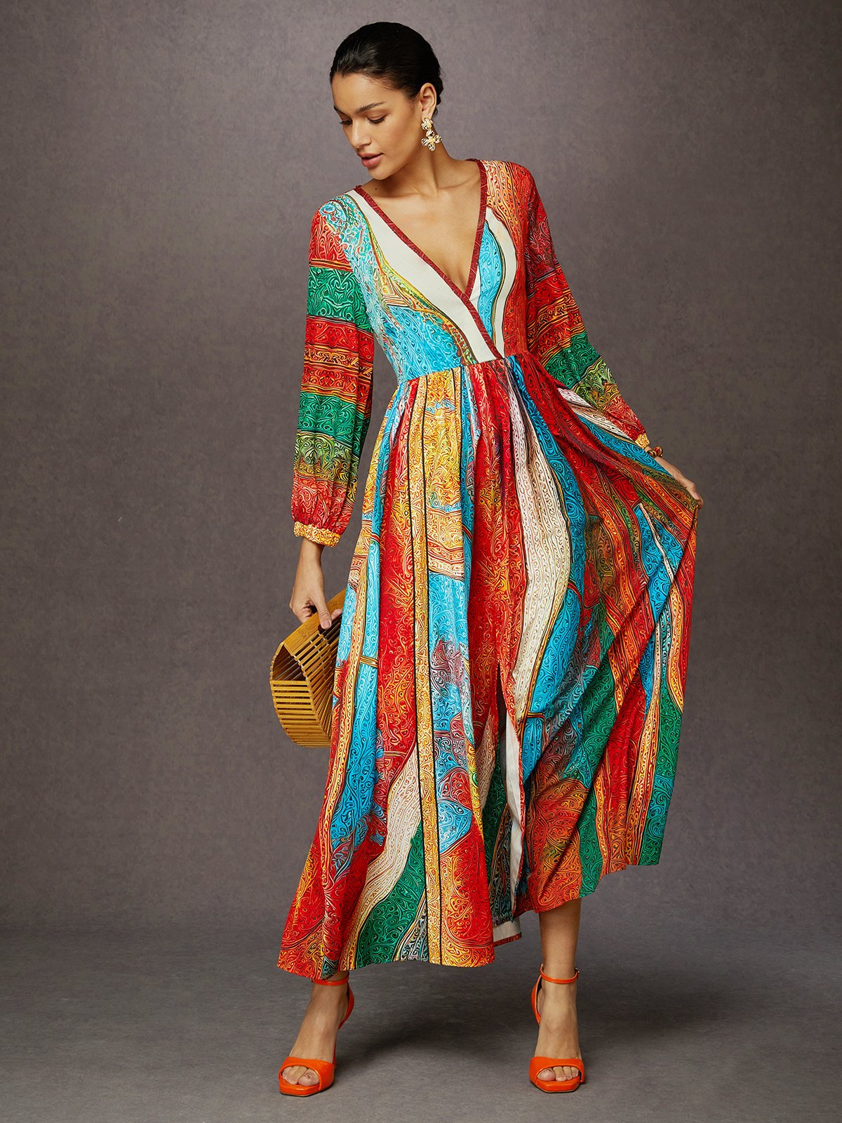 Vacation Ethnic Patterns Balloon Sleeve Printing V Neck Maxi Dress