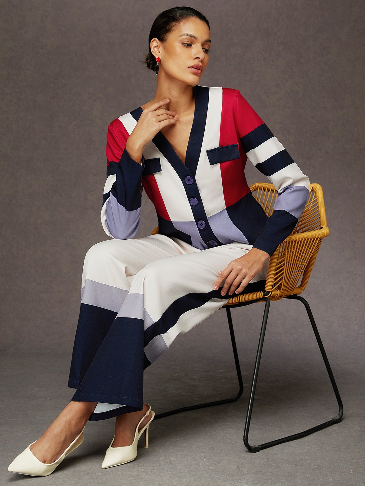 Urban Color Block V Neck Jacket