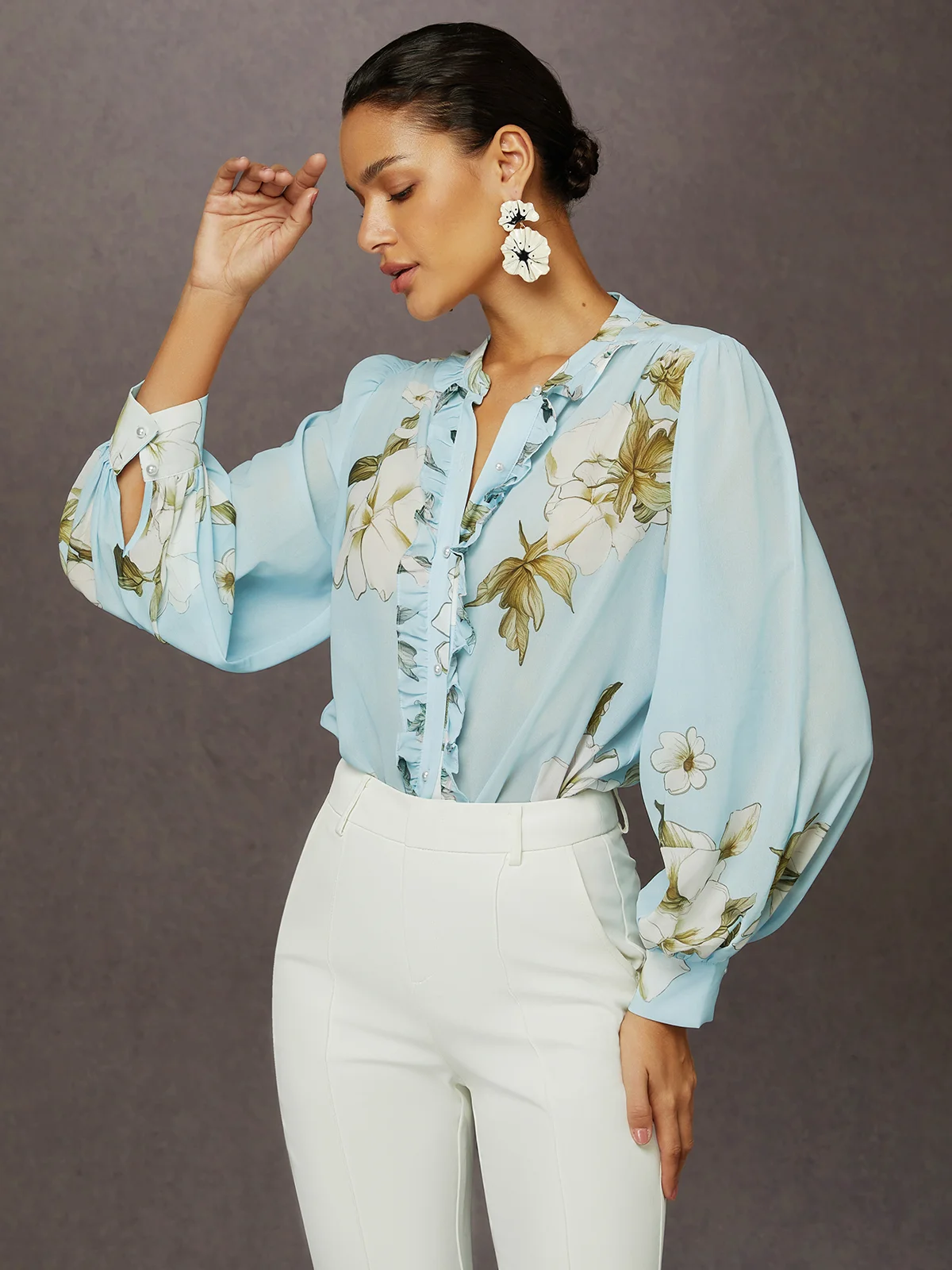 Elegant Floral Printing Stand Collar Balloon Sleeve Chiffon Blouse