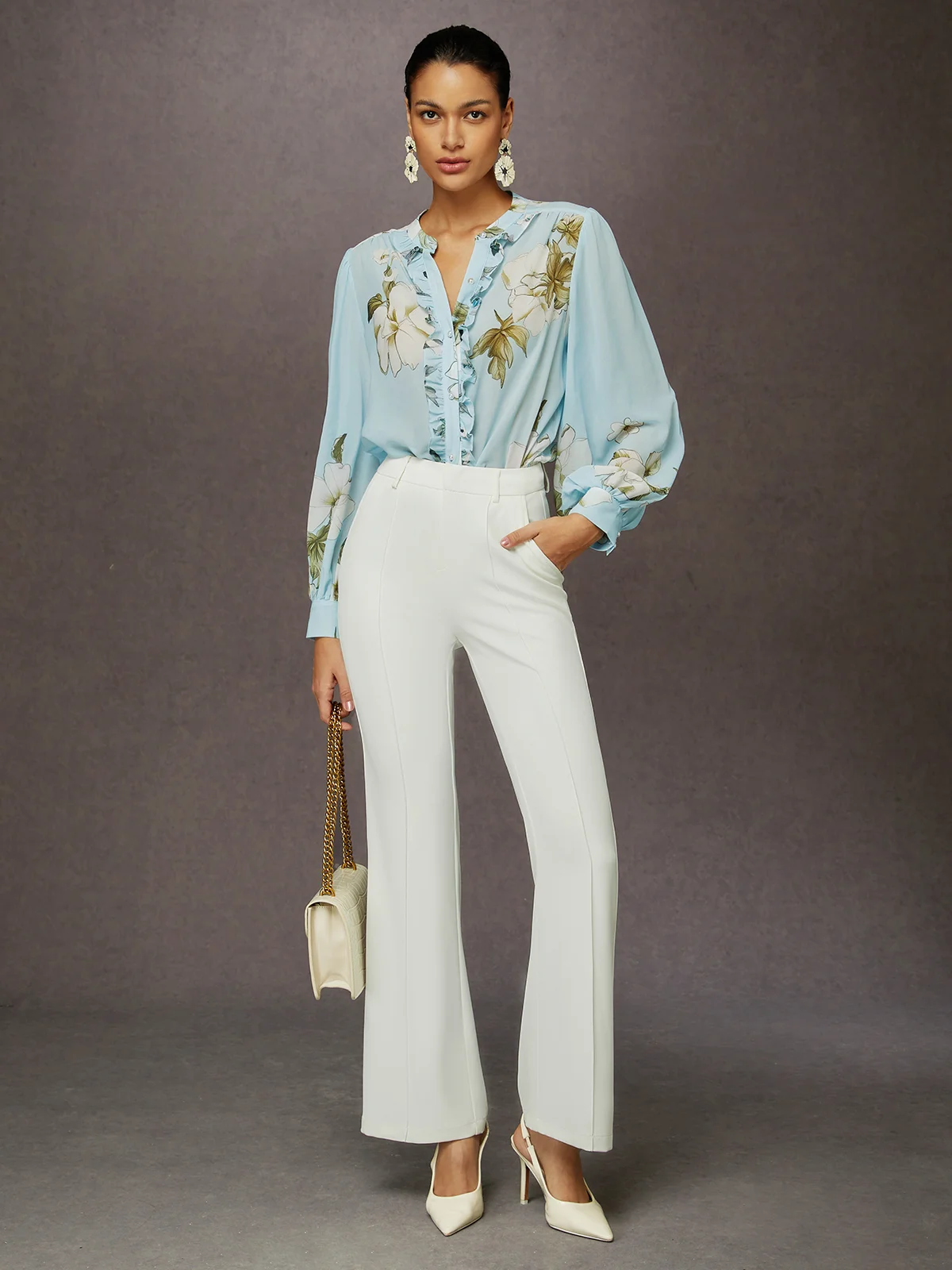 Elegant Floral Printing Stand Collar Balloon Sleeve Chiffon Blouse