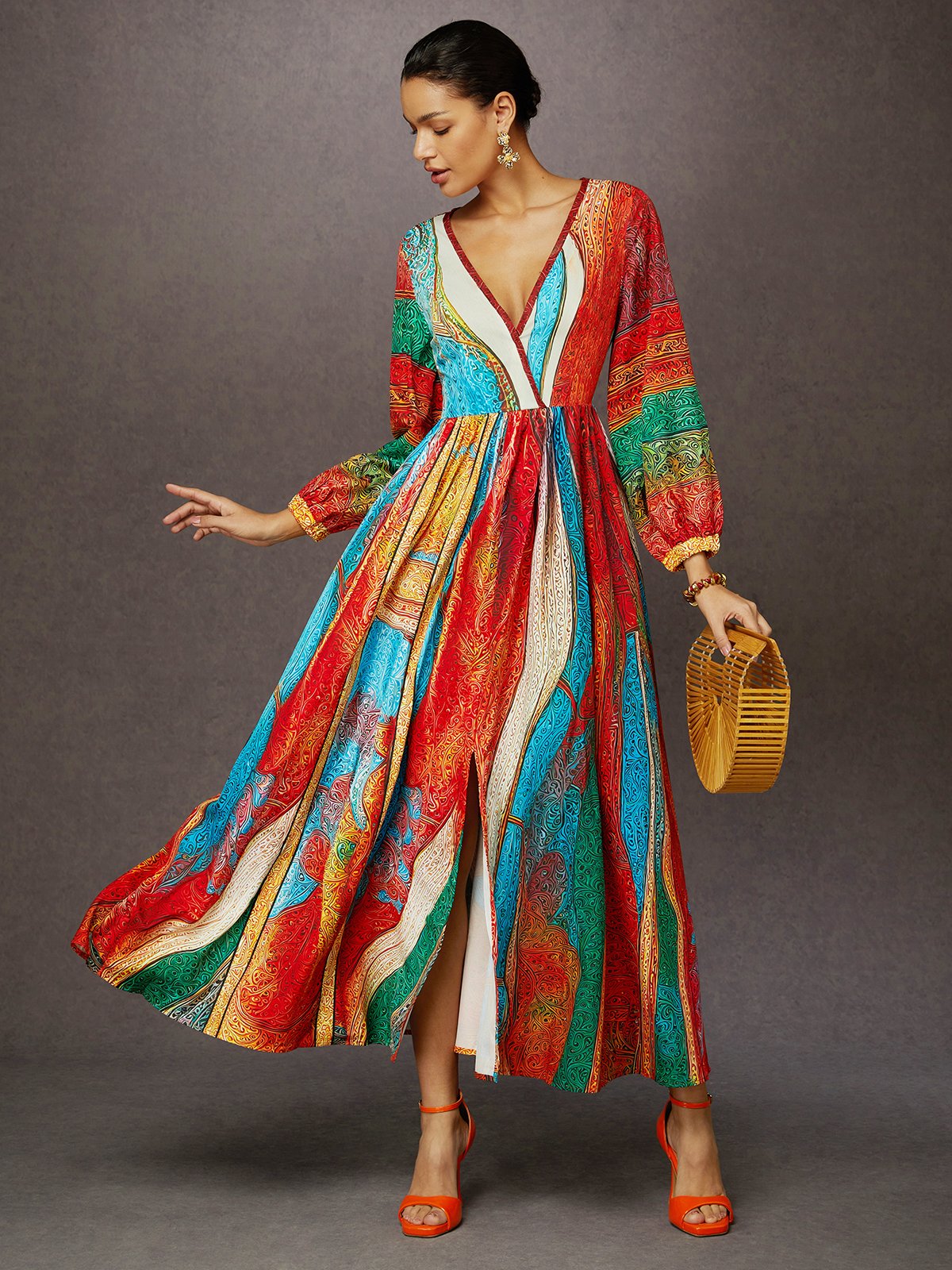 Vacation Ethnic Patterns Balloon Sleeve Printing V Neck Maxi Dress