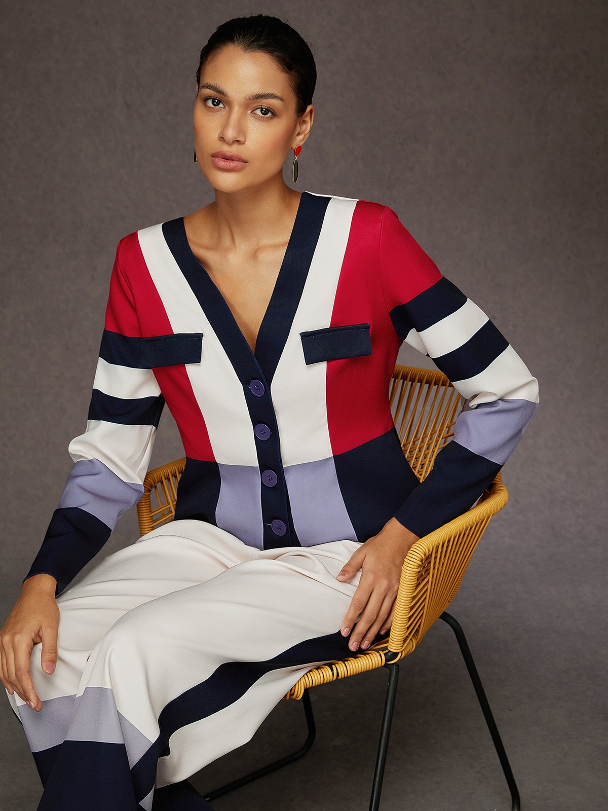 Urban Color Block V Neck Jacket